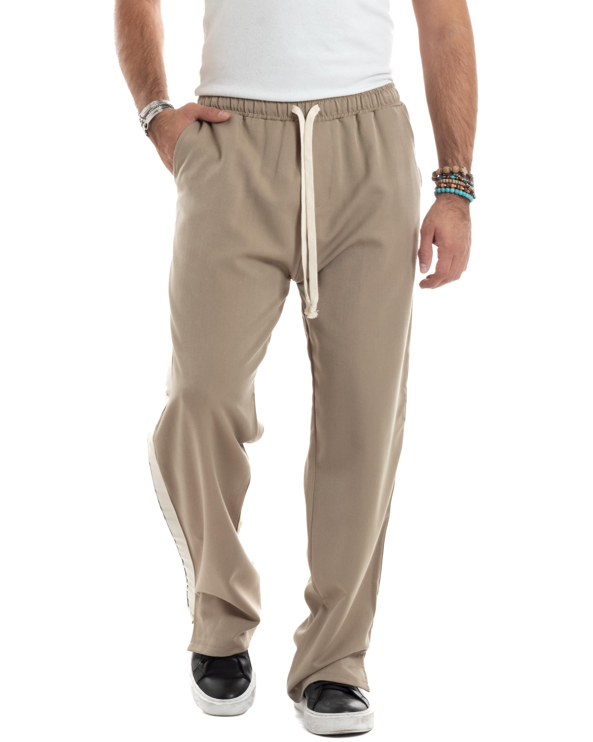 Pantalaccio Uomo Pantaloni Con Coulisse Morbido Viscosa Baggy Fondo Largo Comodo Beige Riga Lato GIOSAL-P6195A