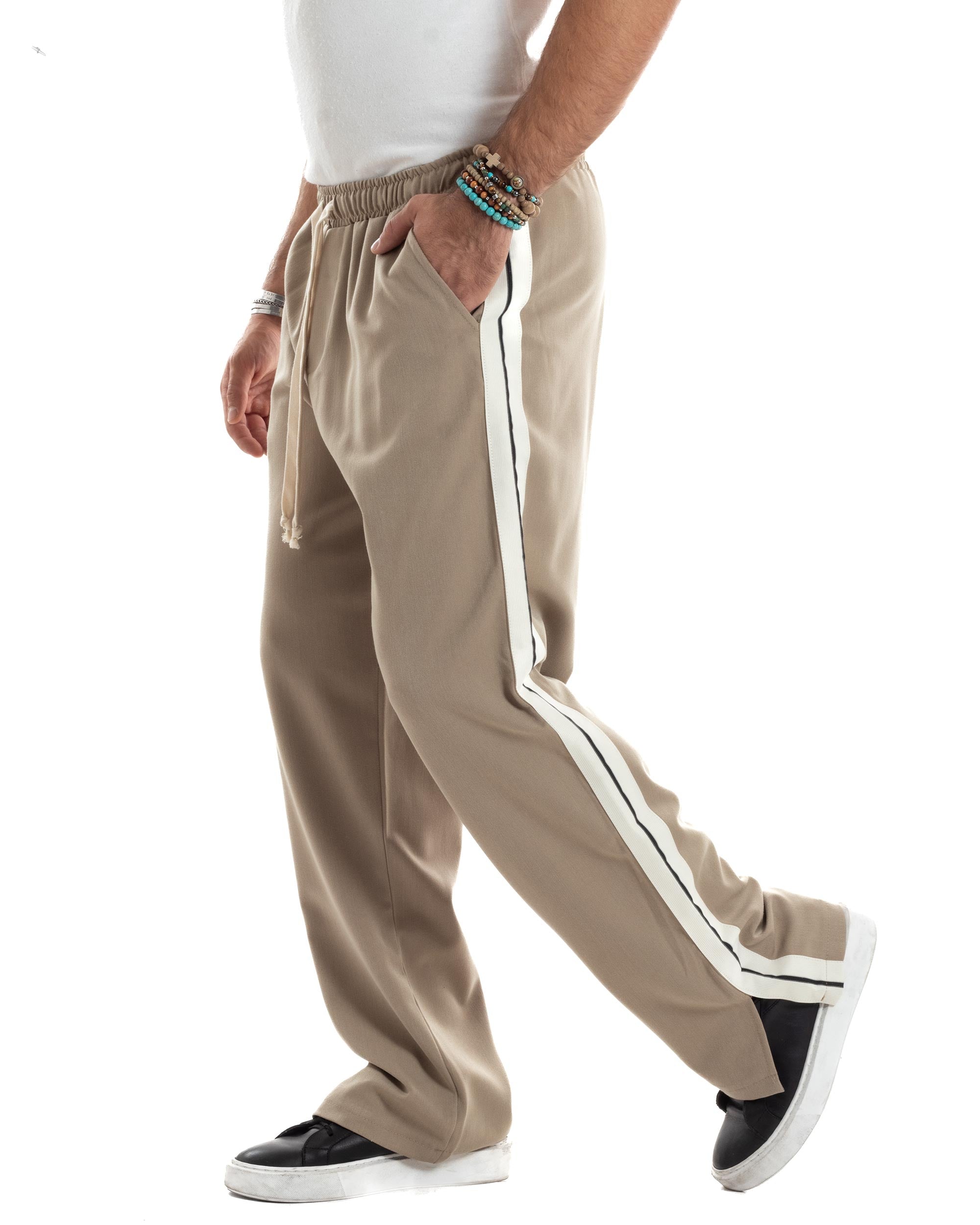 Pantalaccio Uomo Pantaloni Con Coulisse Morbido Viscosa Baggy Fondo Largo Comodo Beige Riga Lato GIOSAL-P6195A