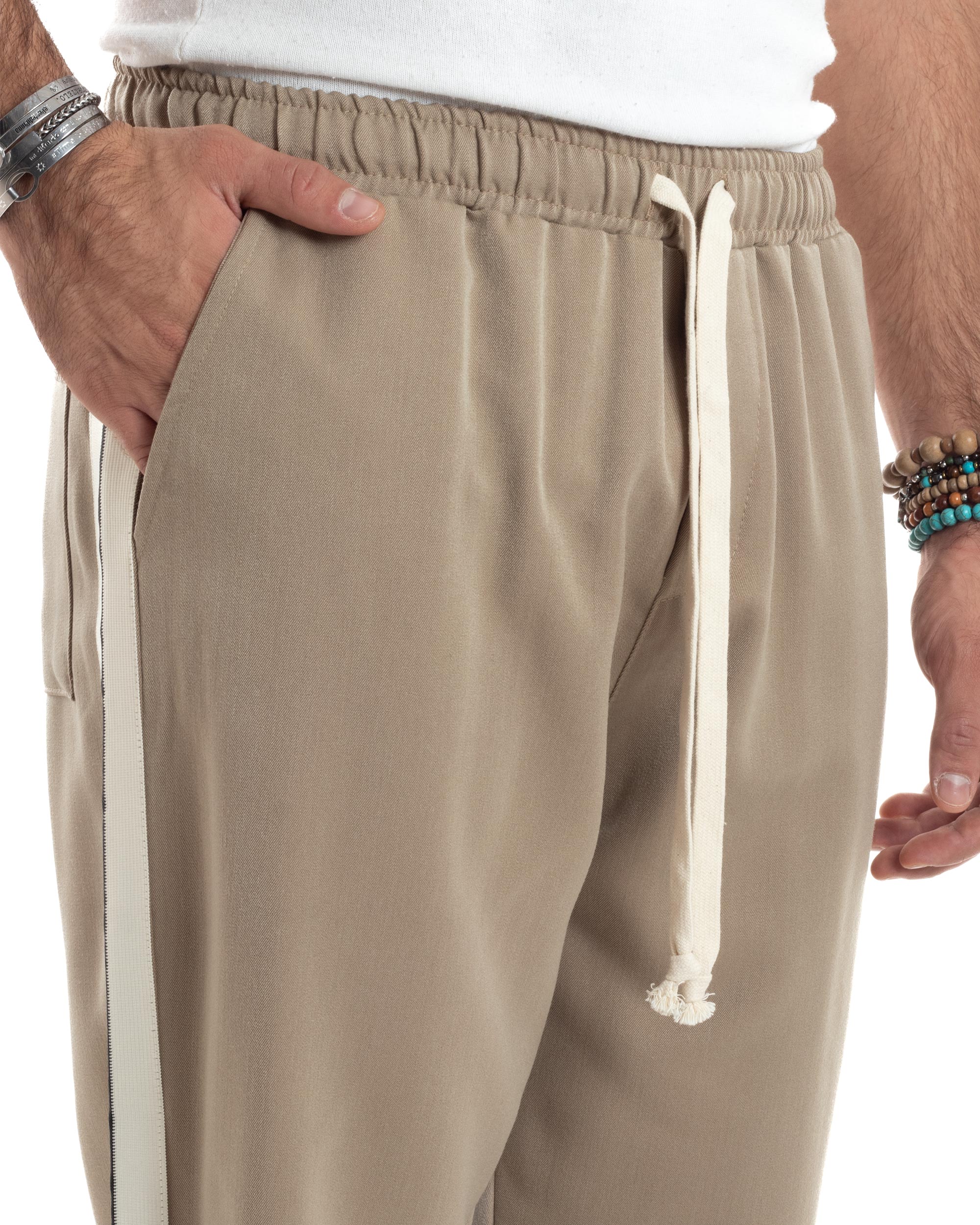 Pantalaccio Uomo Pantaloni Con Coulisse Morbido Viscosa Baggy Fondo Largo Comodo Beige Riga Lato GIOSAL-P6195A