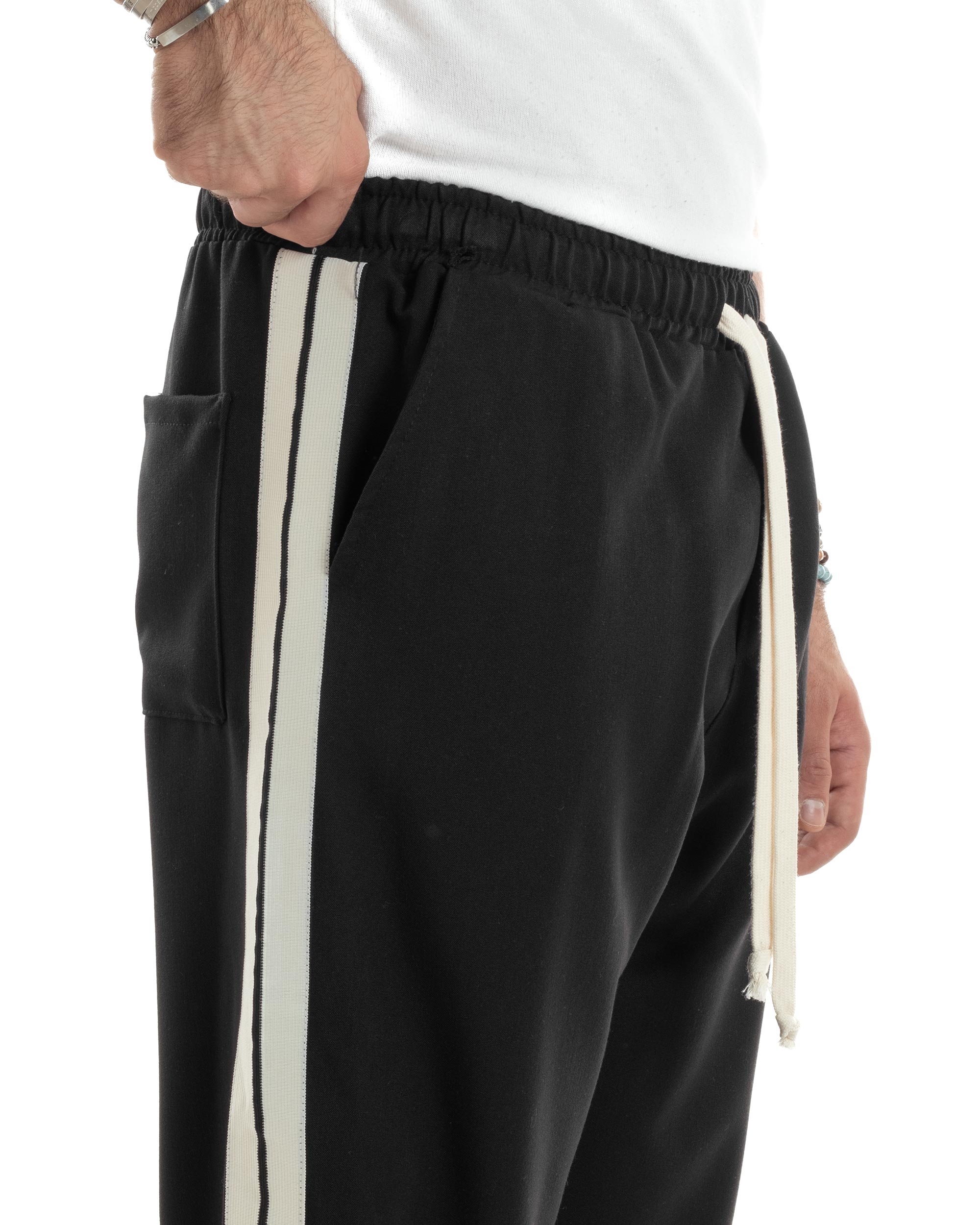 Pantalaccio Uomo Pantaloni Con Coulisse Morbido Viscosa Baggy Fondo Largo Comodo Nero Riga Lato GIOSAL-P6196A