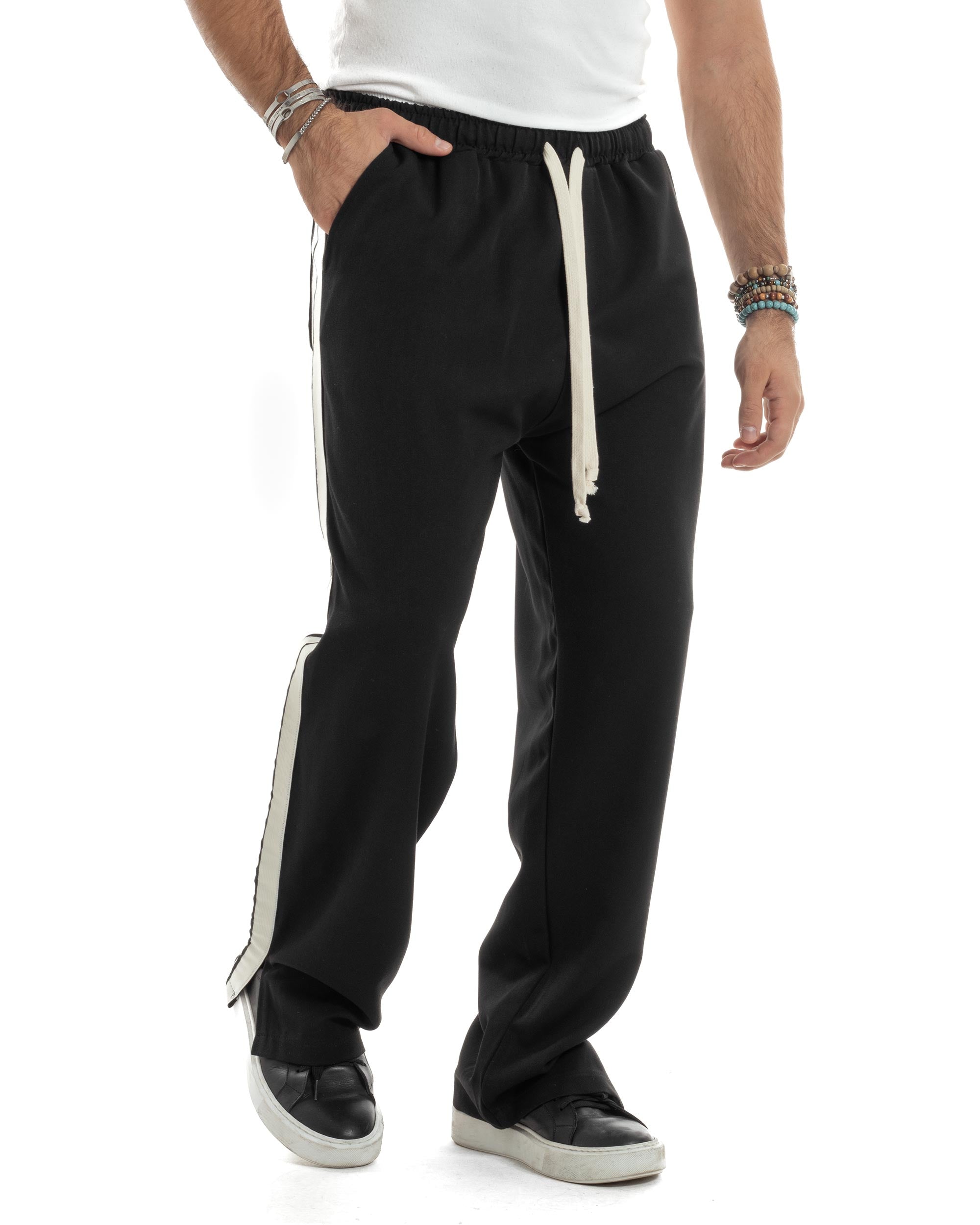 Pantalaccio Uomo Pantaloni Con Coulisse Morbido Viscosa Baggy Fondo Largo Comodo Nero Riga Lato GIOSAL-P6196A