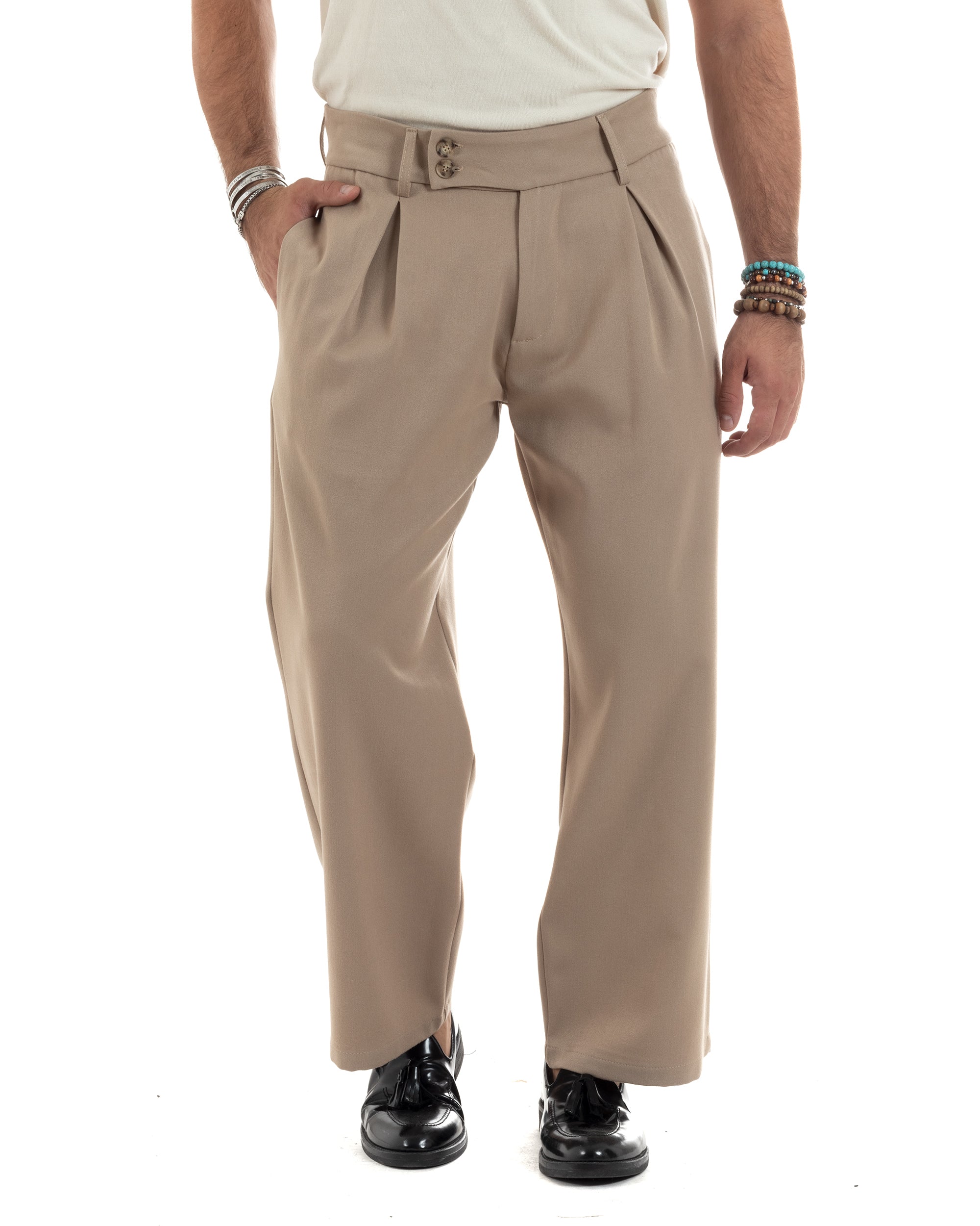 Pantaloni Uomo Viscosa Palazzo Con Pinces Abbottonatura Allungata Fondo Ampio Elegante Wide Leg Comodo Casual Beige GIOSAL-P6197A