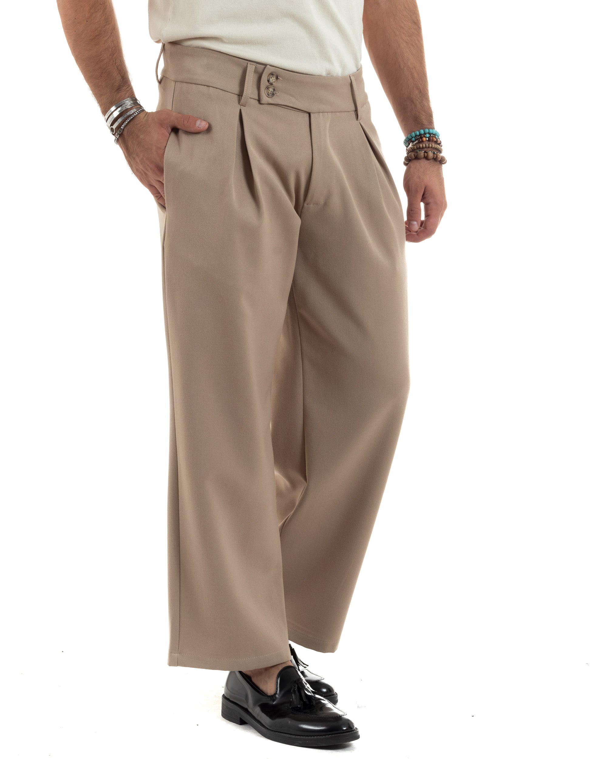 Pantaloni Uomo Viscosa Palazzo Con Pinces Abbottonatura Allungata Fondo Ampio Elegante Wide Leg Comodo Casual Beige GIOSAL-P6197A