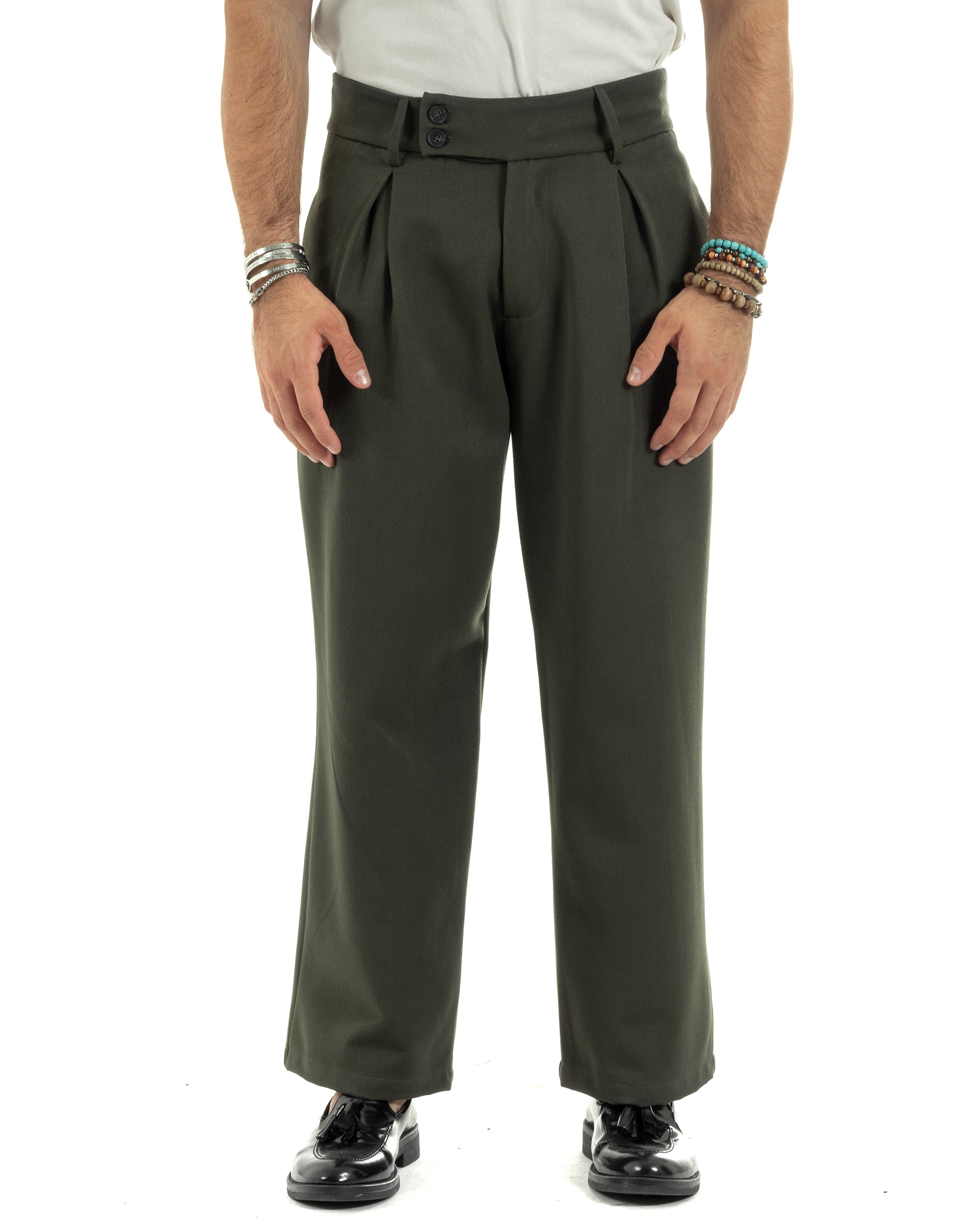 Pantaloni Uomo Viscosa Palazzo Con Pinces Abbottonatura Allungata Fondo Ampio Elegante Wide Leg Comodo Casual Verde GIOSAL-P6198A