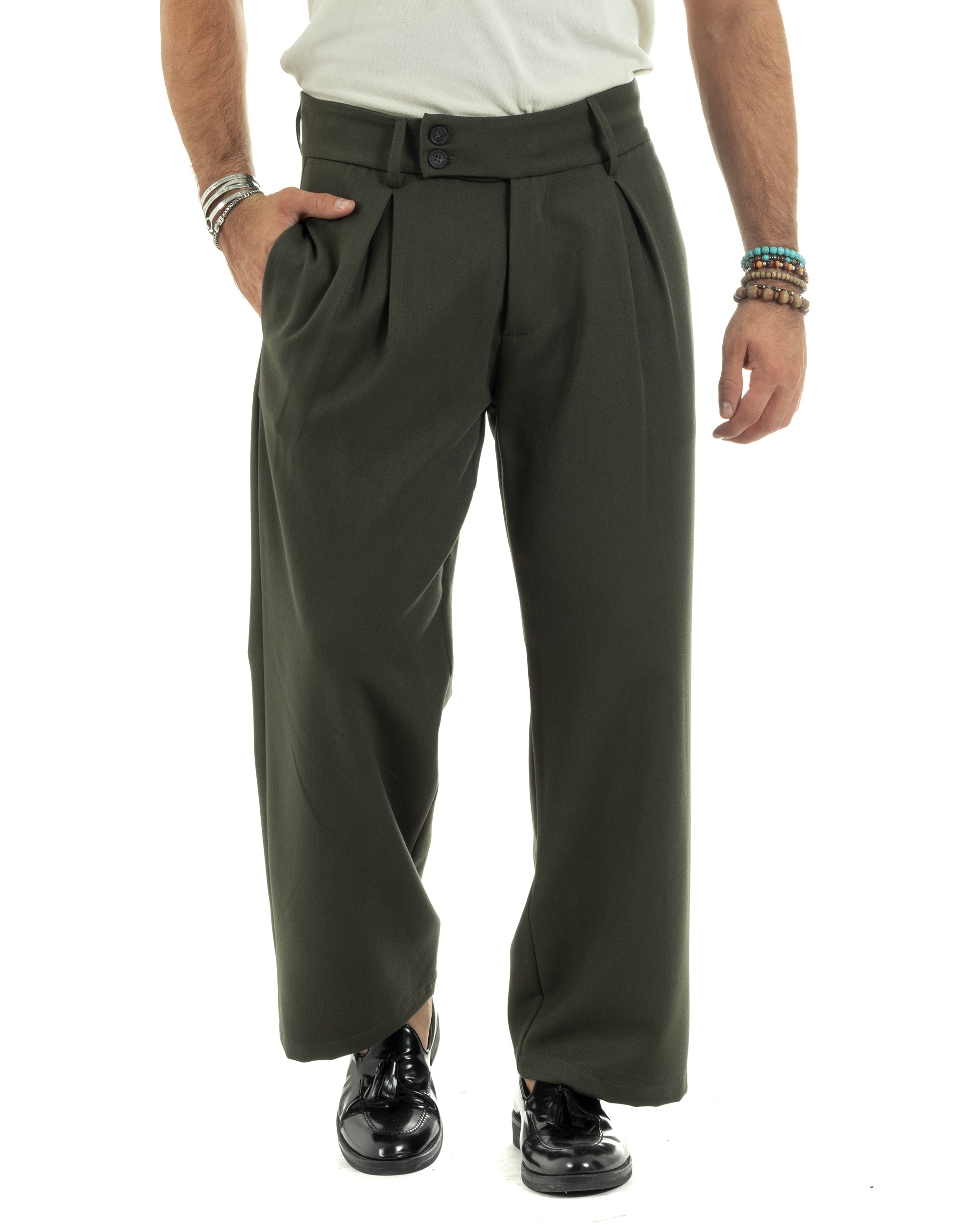 Pantaloni Uomo Viscosa Palazzo Con Pinces Abbottonatura Allungata Fondo Ampio Elegante Wide Leg Comodo Casual Verde GIOSAL-P6198A