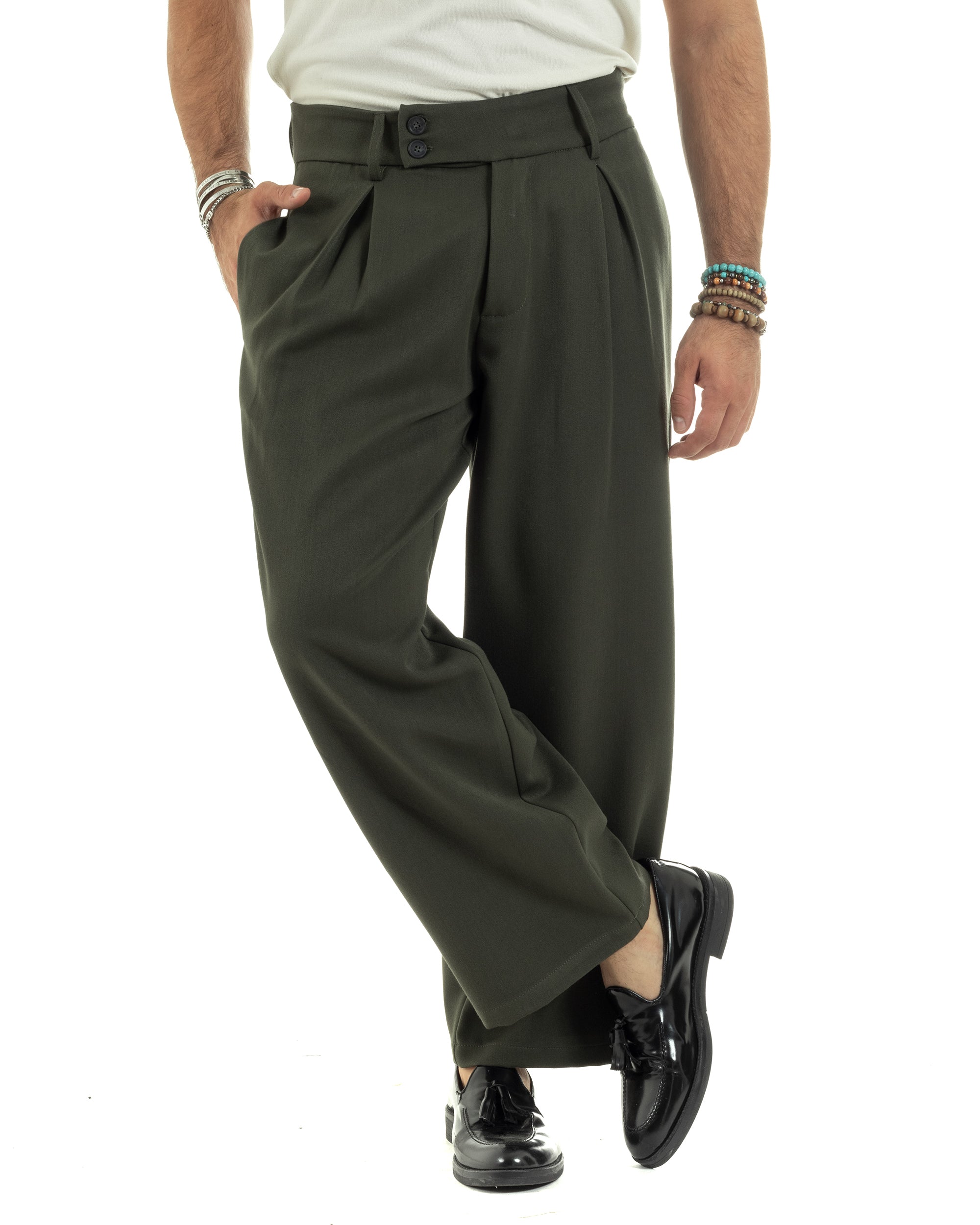 Pantaloni Uomo Viscosa Palazzo Con Pinces Abbottonatura Allungata Fondo Ampio Elegante Wide Leg Comodo Casual Verde GIOSAL-P6198A