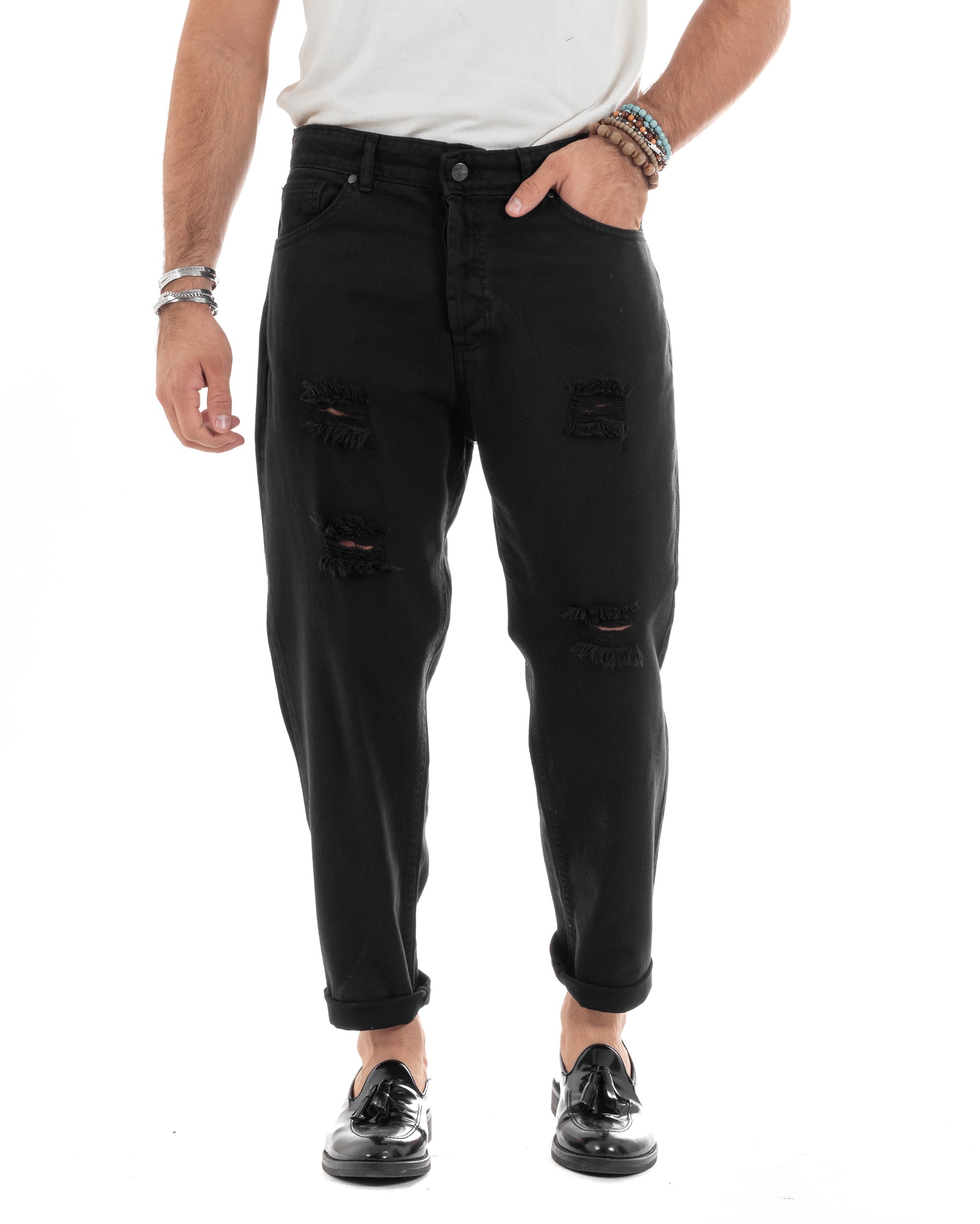 Pantaloni Jeans Uomo Loose Fit Con Rotture Cinque Tasche Casual Tinta Unita Nero GIOSAL-P6199A