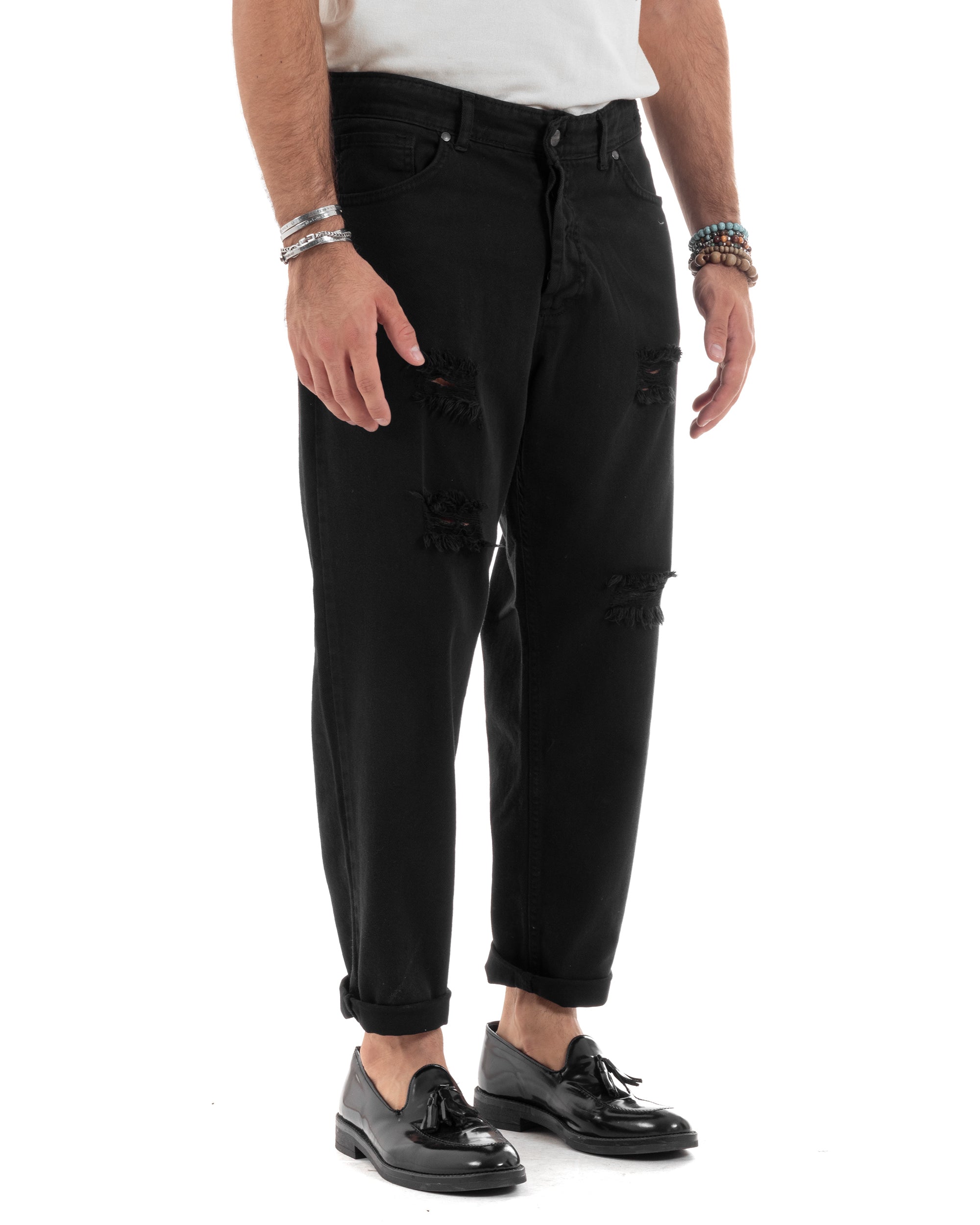 Pantaloni Jeans Uomo Loose Fit Con Rotture Cinque Tasche Casual Tinta Unita Nero GIOSAL-P6199A