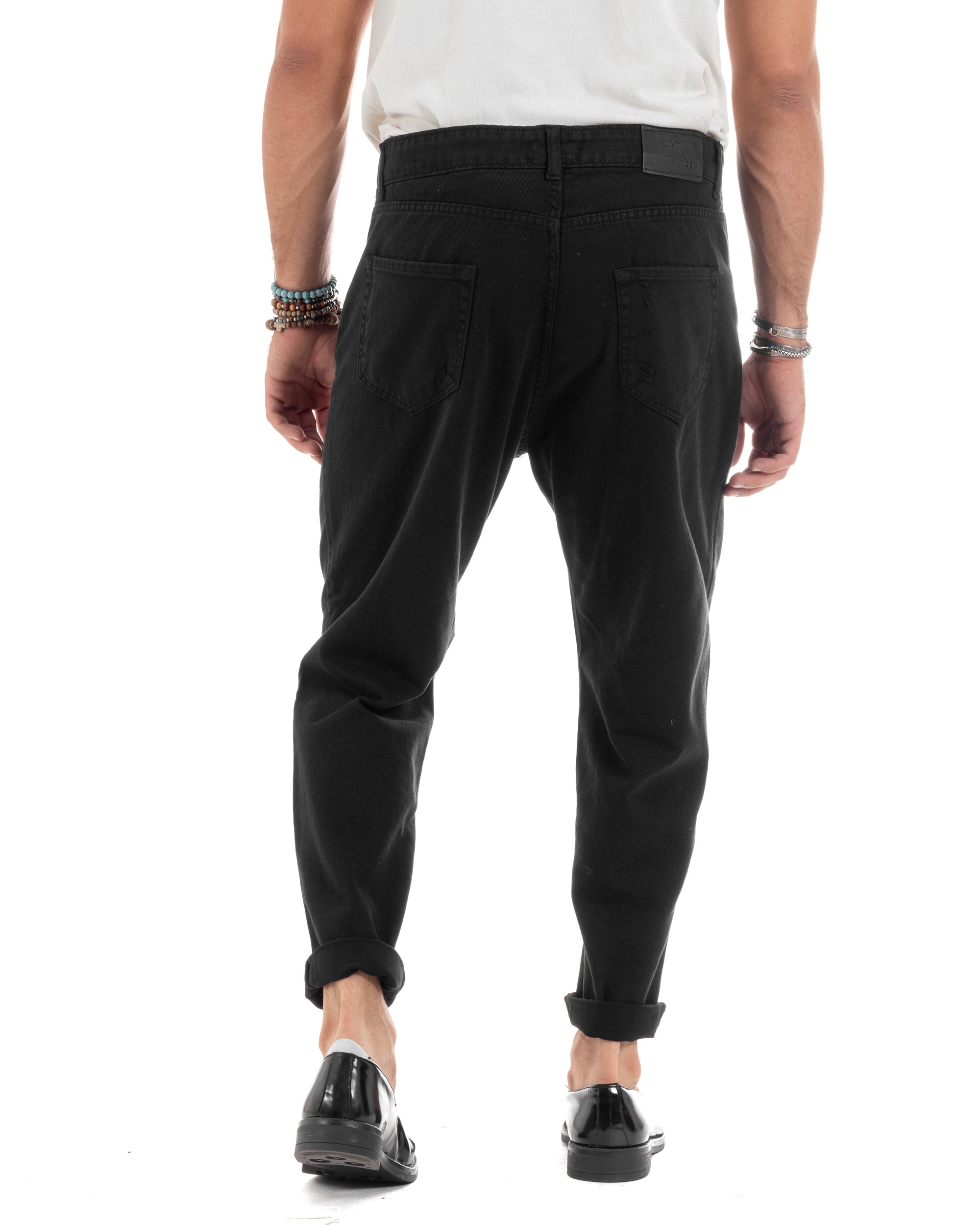 Pantaloni Jeans Uomo Loose Fit Con Rotture Cinque Tasche Casual Tinta Unita Nero GIOSAL-P6199A