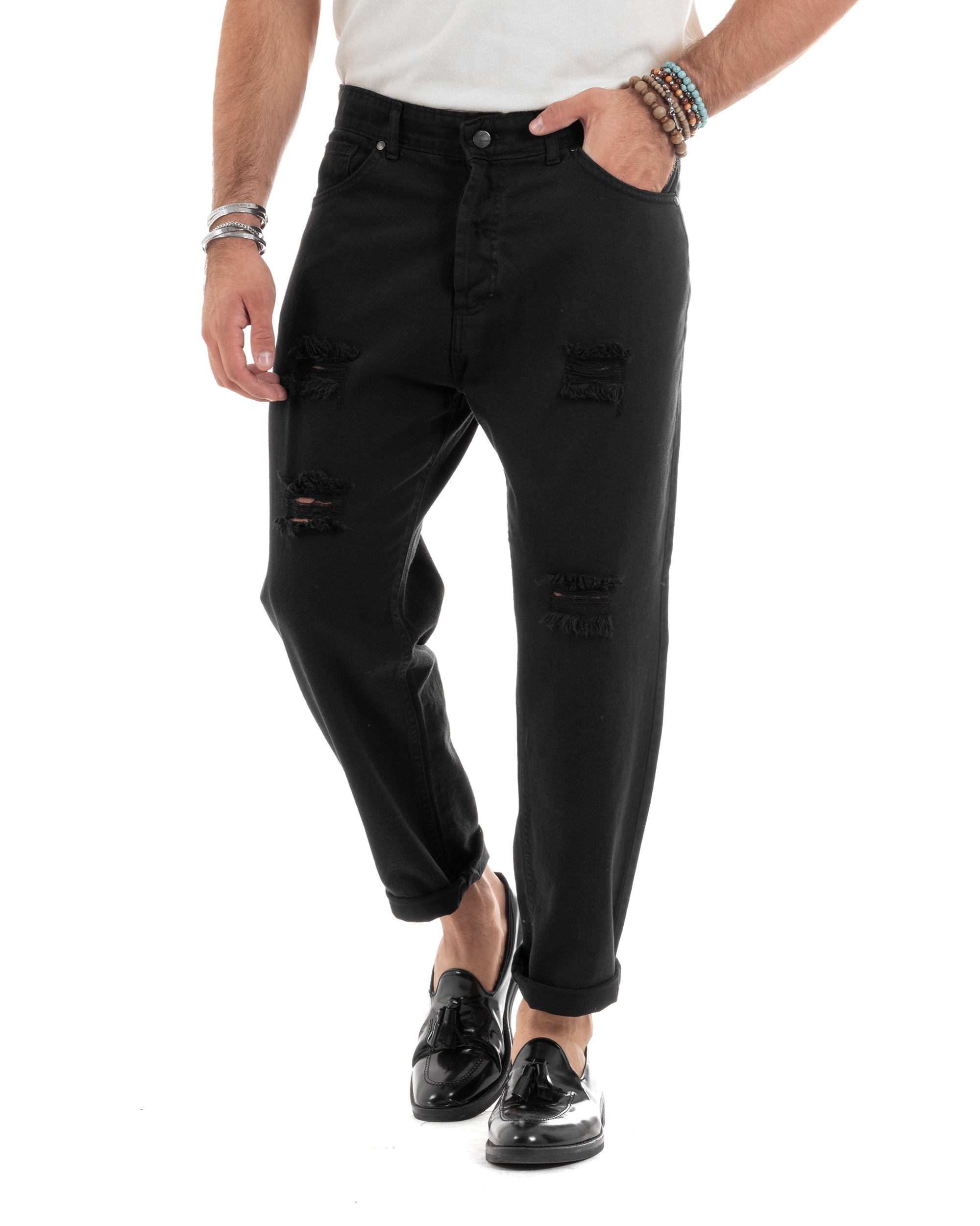 Pantaloni Jeans Uomo Loose Fit Con Rotture Cinque Tasche Casual Tinta Unita Nero GIOSAL-P6199A