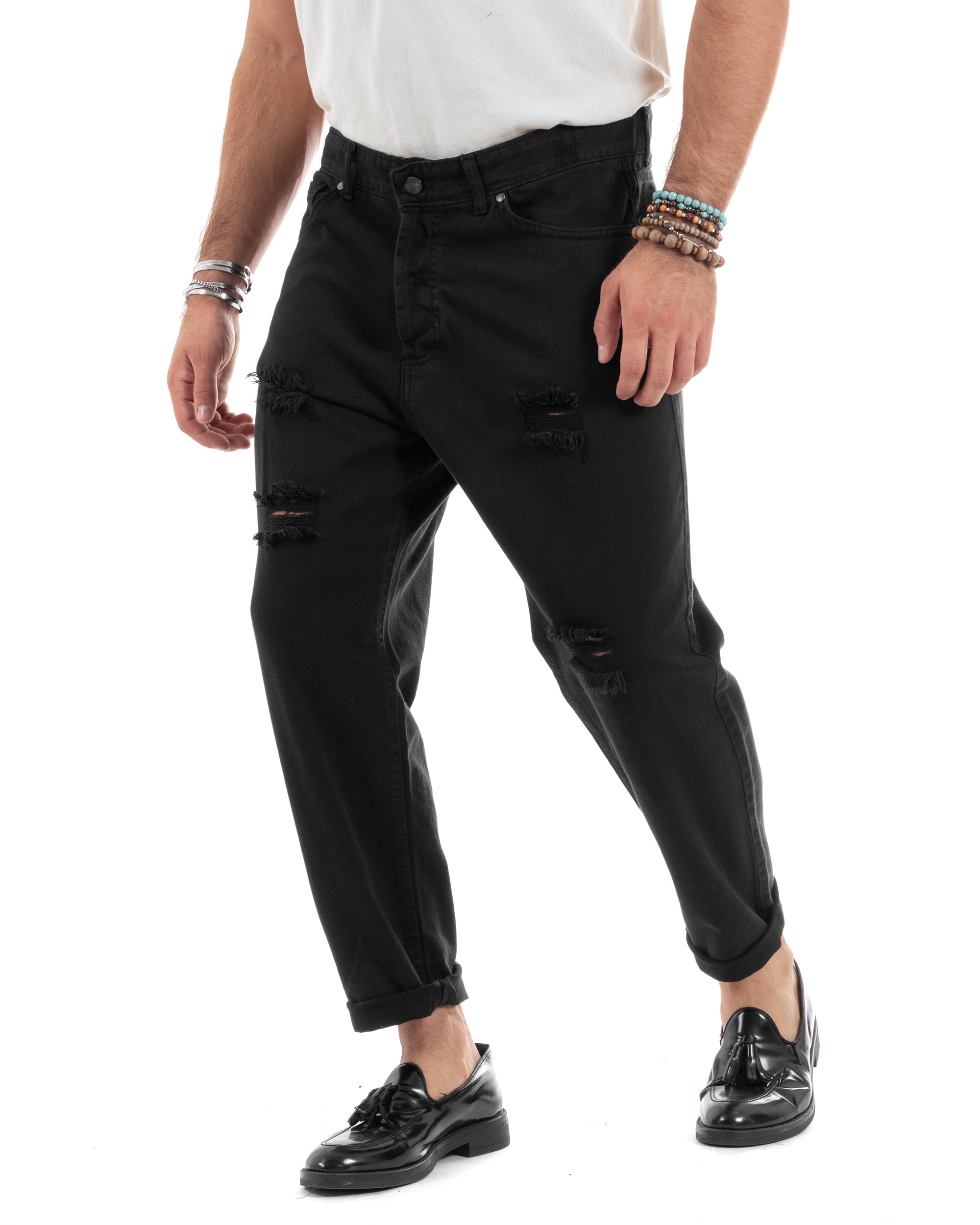 Pantaloni Jeans Uomo Loose Fit Con Rotture Cinque Tasche Casual Tinta Unita Nero GIOSAL-P6199A