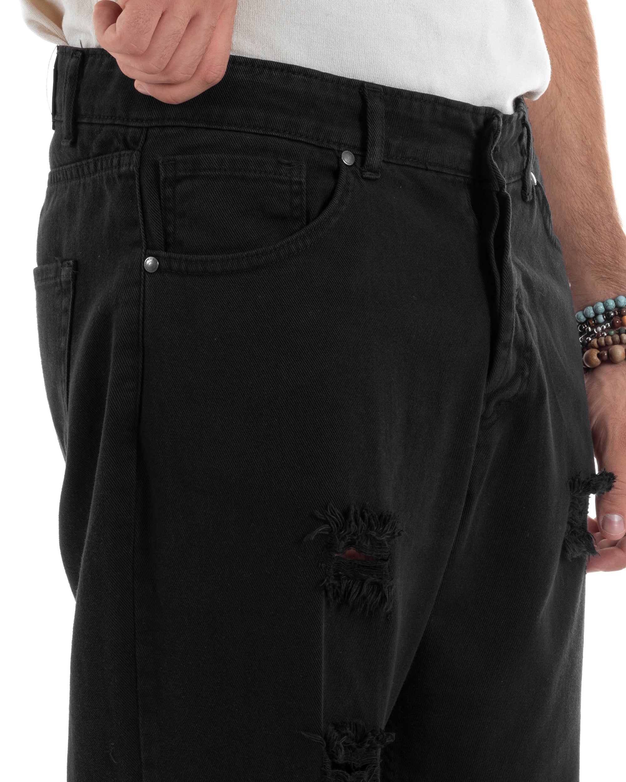 Pantaloni Jeans Uomo Loose Fit Con Rotture Cinque Tasche Casual Tinta Unita Nero GIOSAL-P6199A