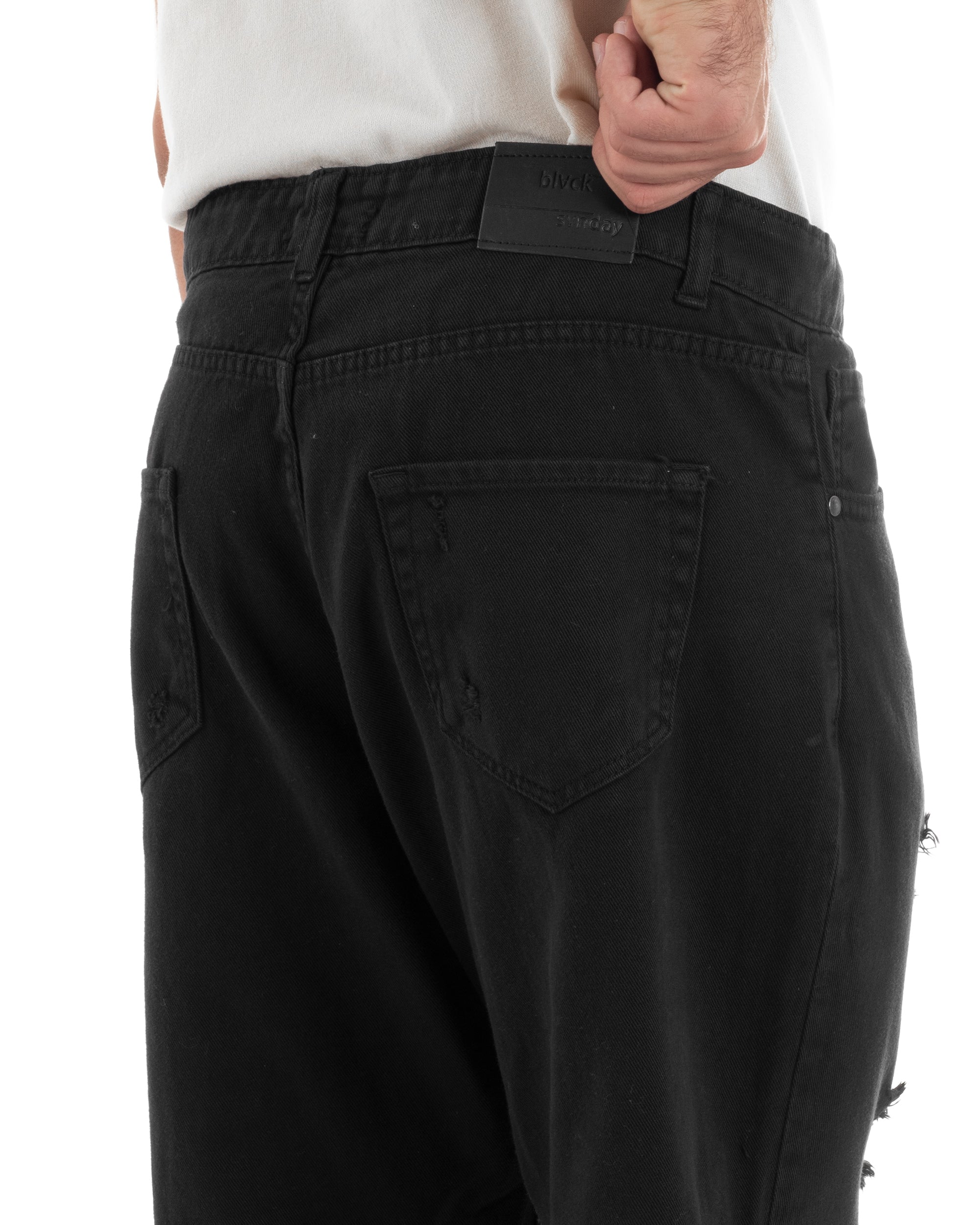 Pantaloni Jeans Uomo Loose Fit Con Rotture Cinque Tasche Casual Tinta Unita Nero GIOSAL-P6199A