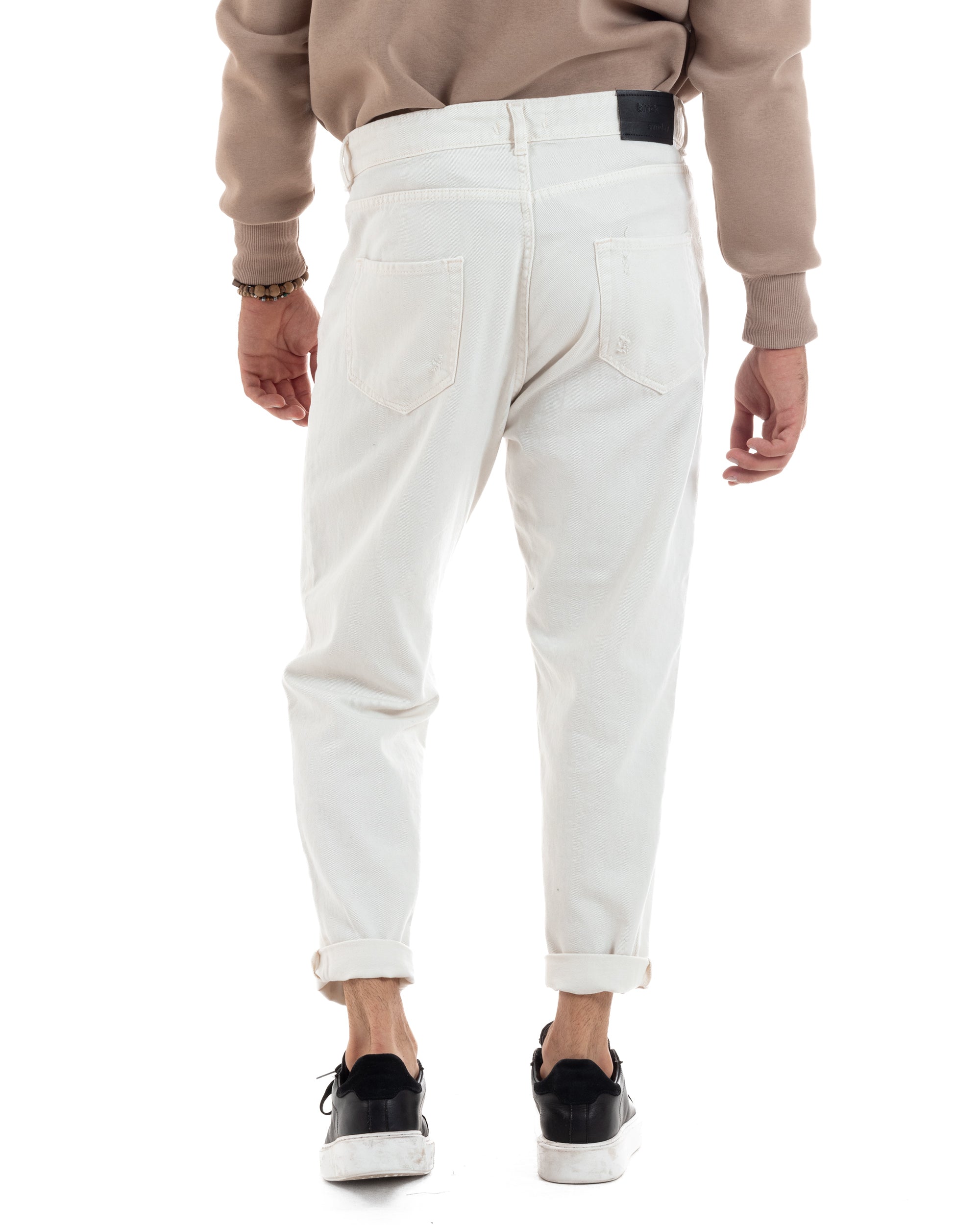 Pantaloni Jeans Uomo Loose Fit Con Rotture Cinque Tasche Casual Tinta Unita Bianco GIOSAL-P6200A