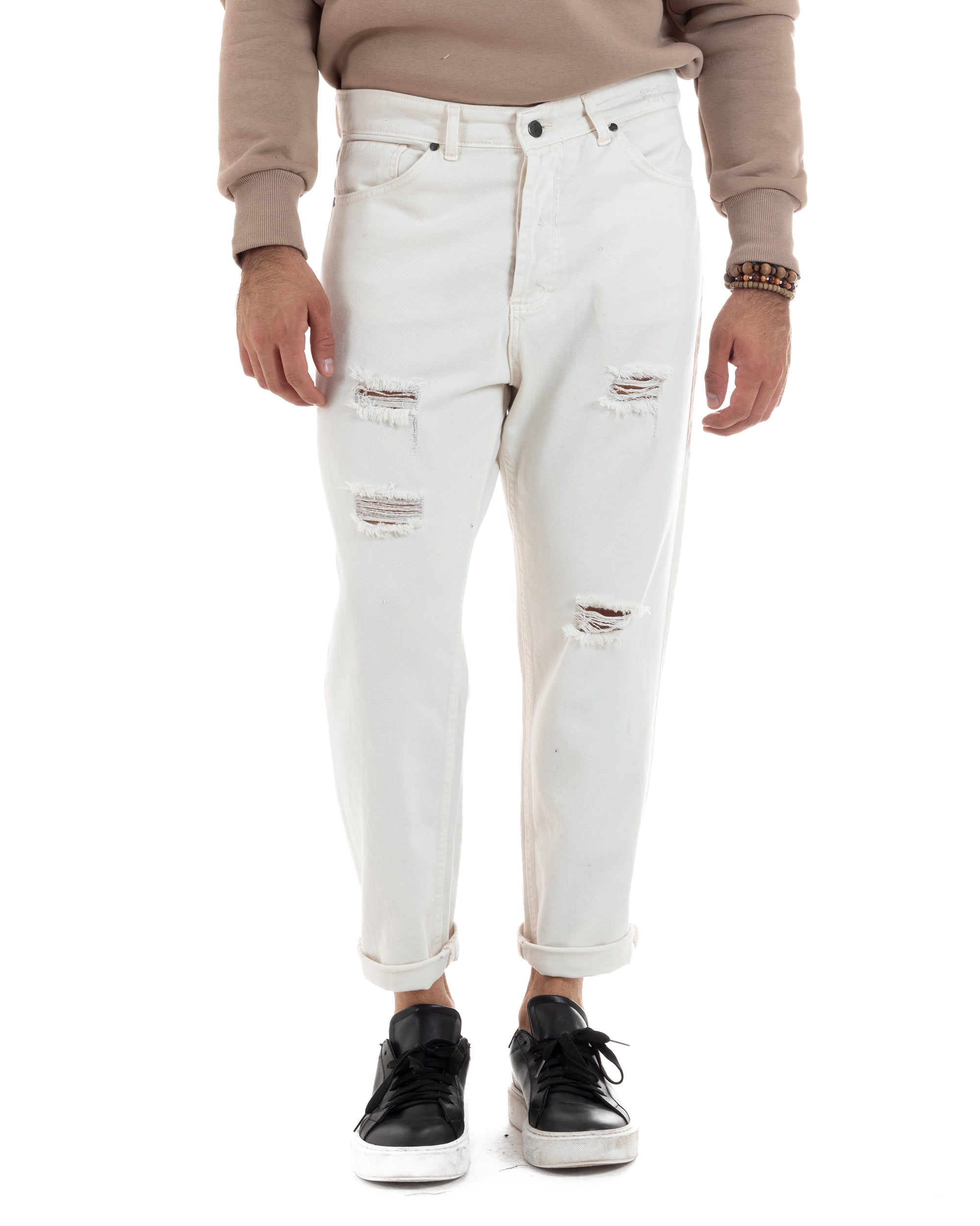 Pantaloni Jeans Uomo Loose Fit Con Rotture Cinque Tasche Casual Tinta Unita Bianco GIOSAL-P6200A