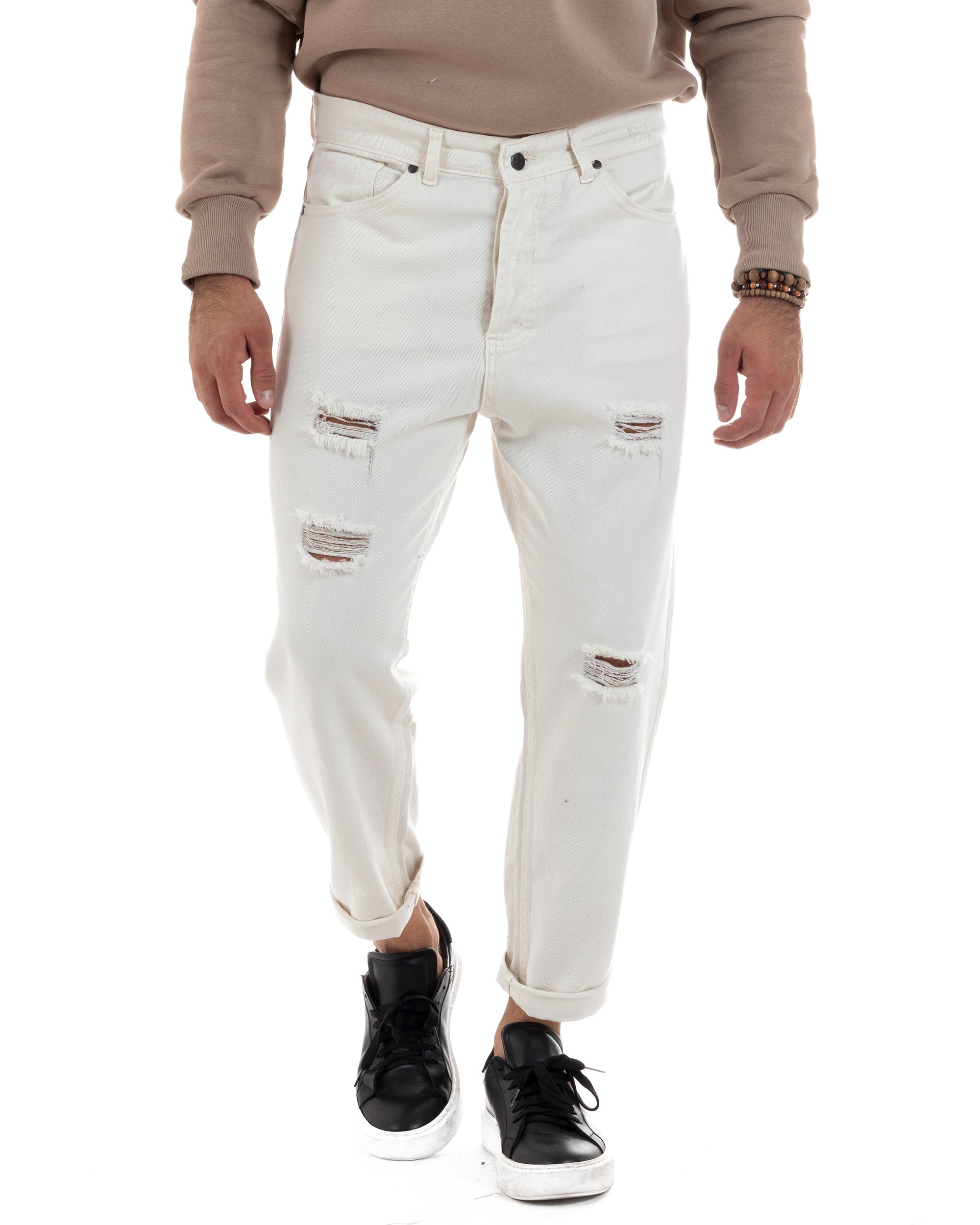 Pantaloni Jeans Uomo Loose Fit Con Rotture Cinque Tasche Casual Tinta Unita Bianco GIOSAL-P6200A