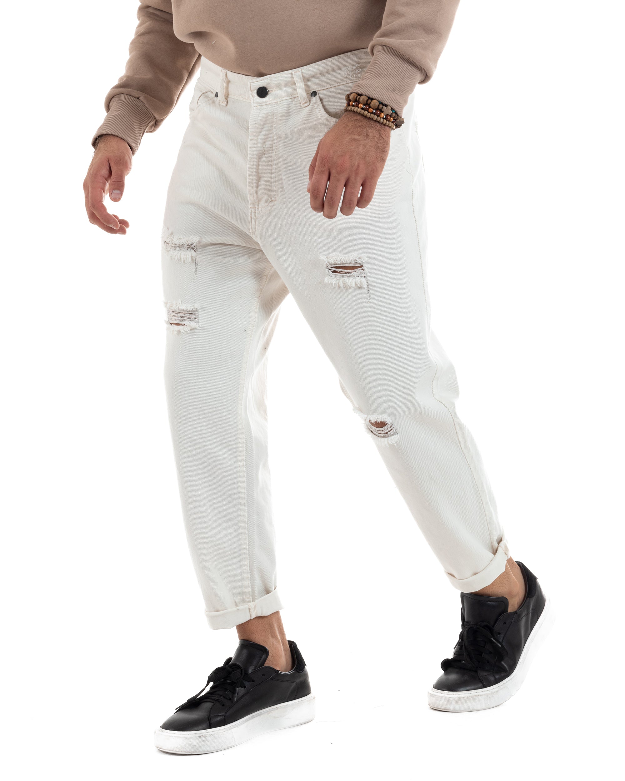 Pantaloni Jeans Uomo Loose Fit Con Rotture Cinque Tasche Casual Tinta Unita Bianco GIOSAL-P6200A