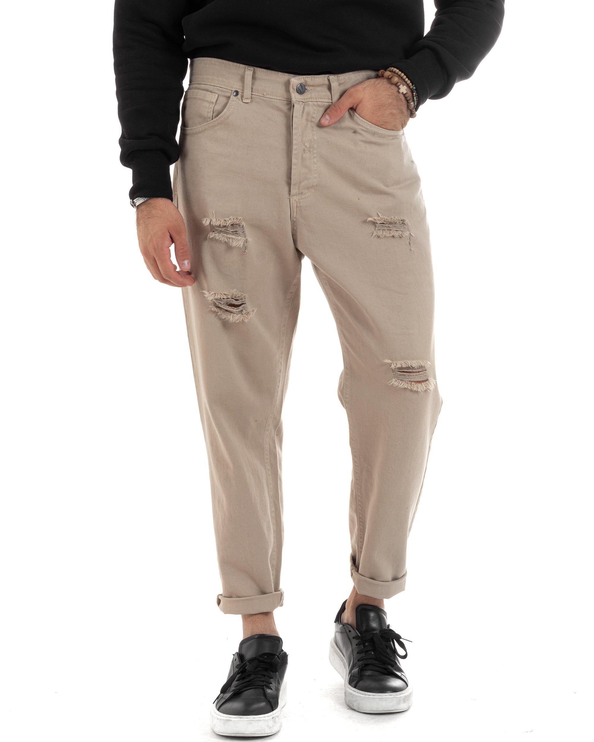 Pantaloni Jeans Uomo Loose Fit Con Rotture Cinque Tasche Casual Tinta Unita Beige GIOSAL-P6201A