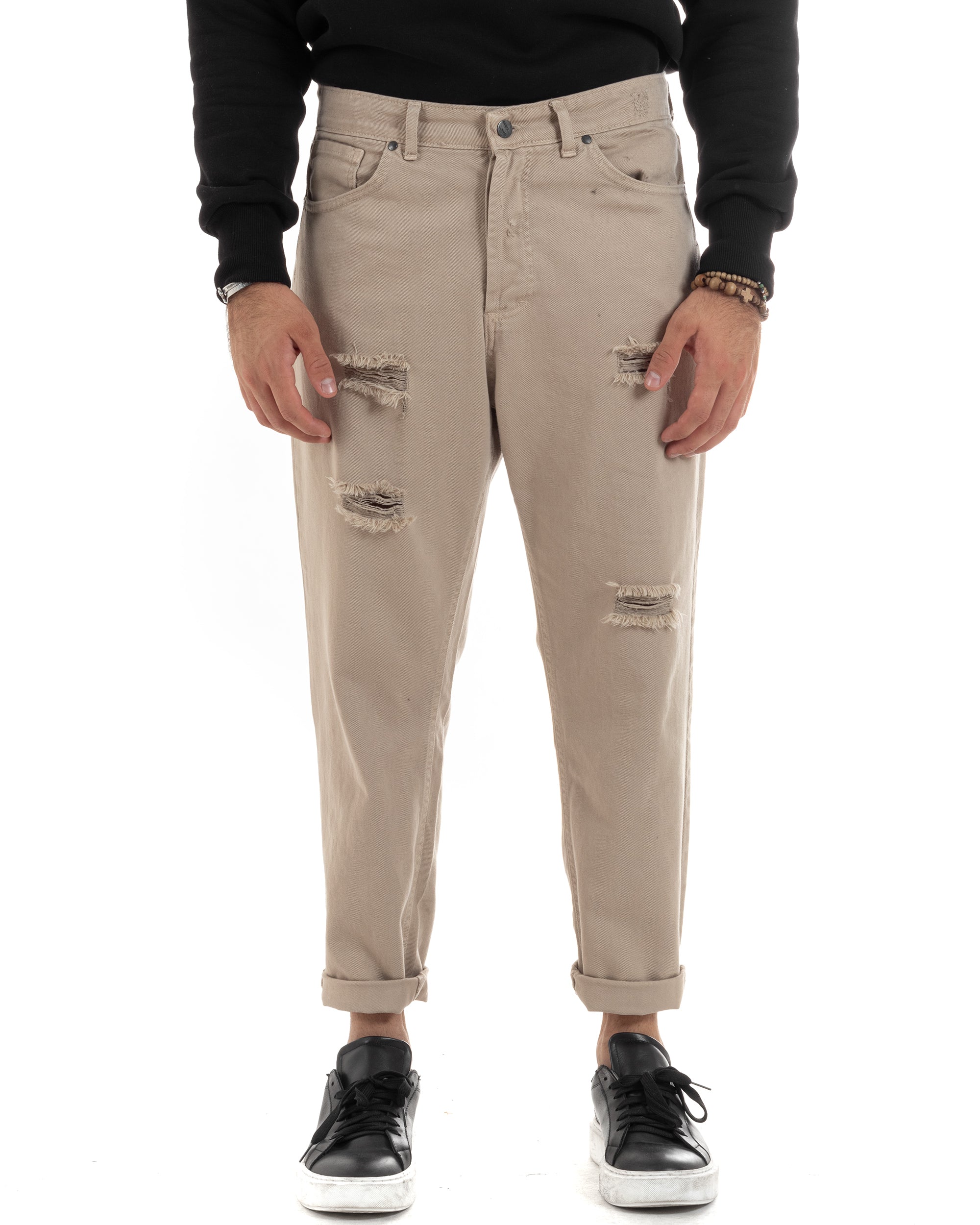 Pantaloni Jeans Uomo Loose Fit Con Rotture Cinque Tasche Casual Tinta Unita Beige GIOSAL-P6201A