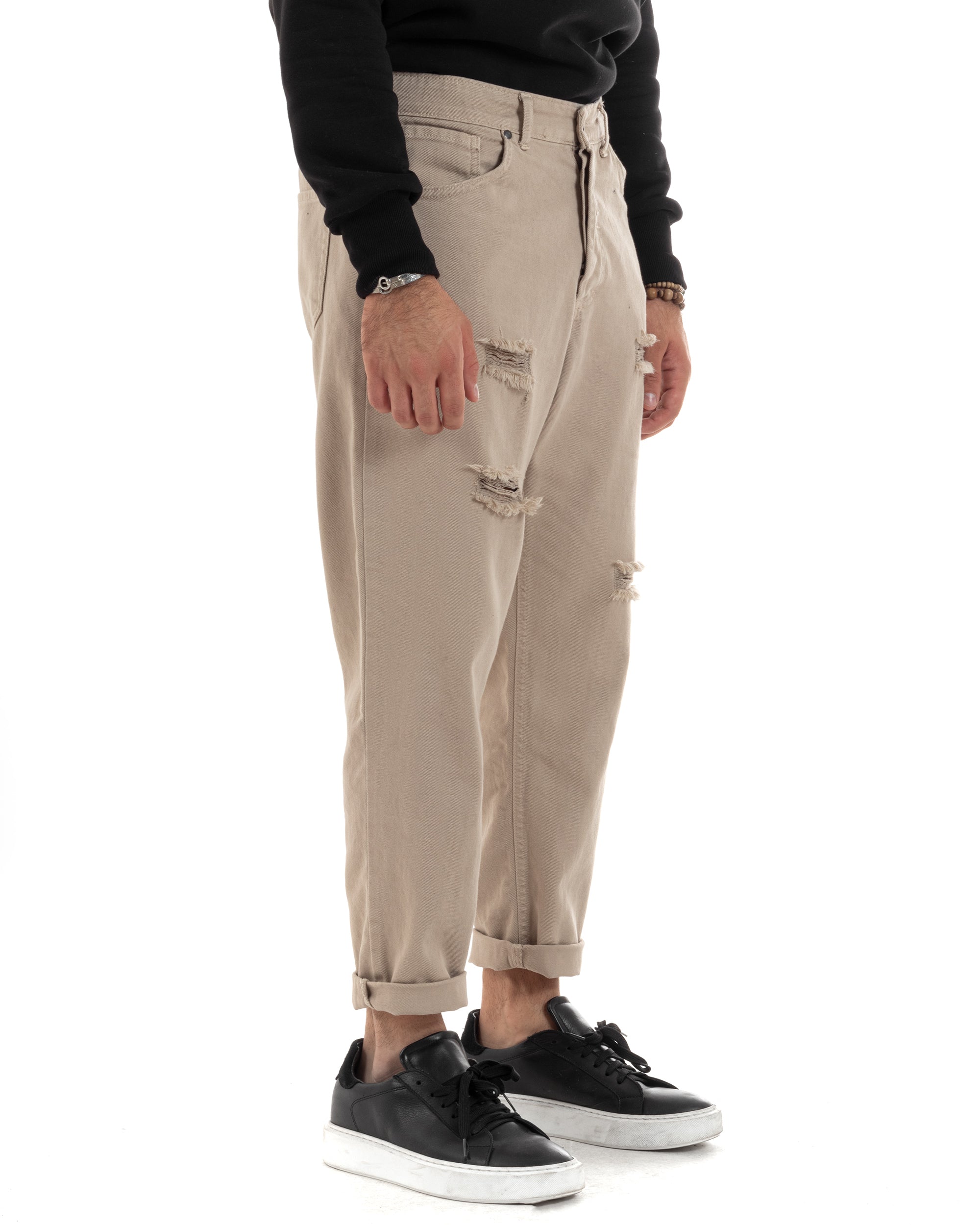 Pantaloni Jeans Uomo Loose Fit Con Rotture Cinque Tasche Casual Tinta Unita Beige GIOSAL-P6201A