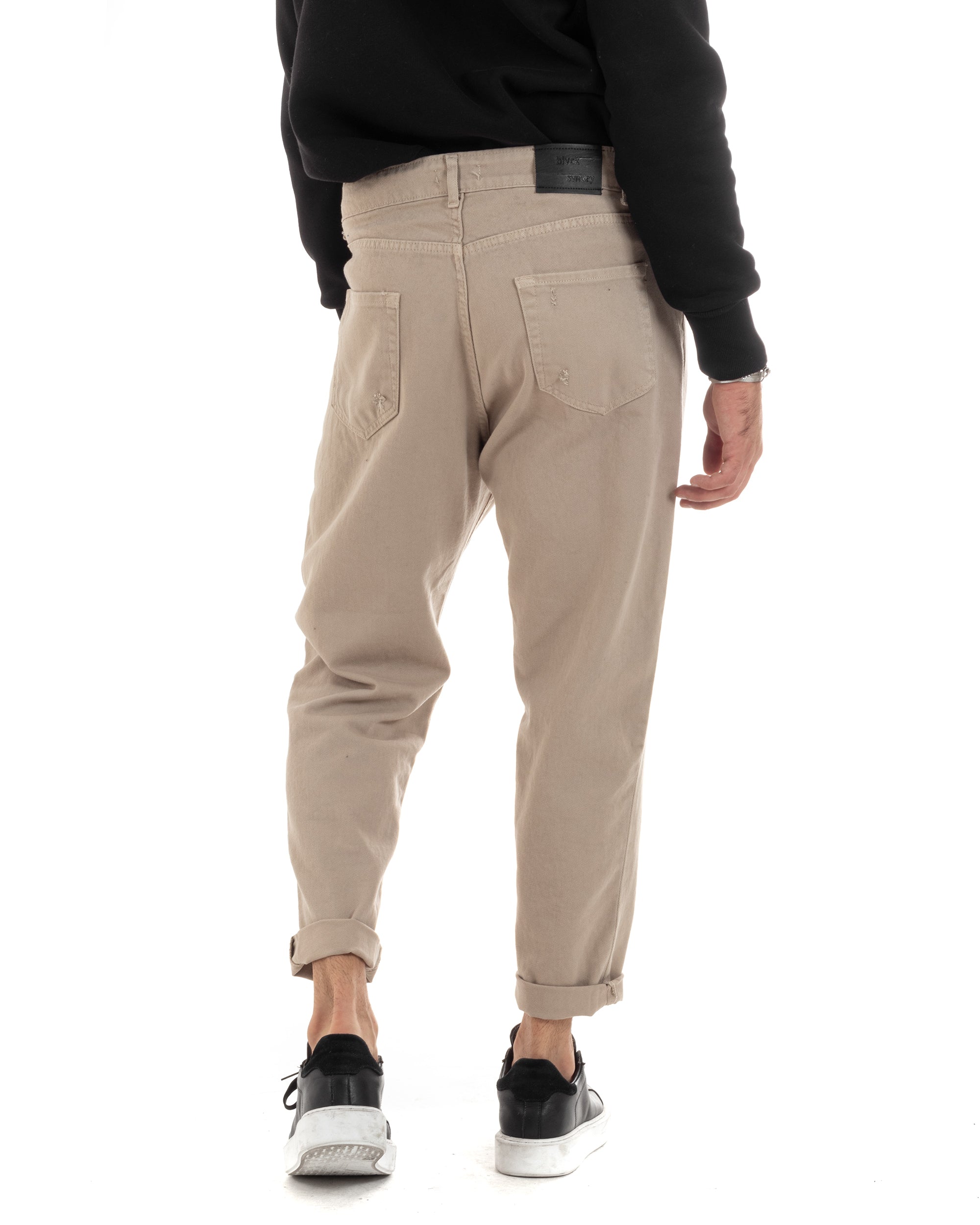 Pantaloni Jeans Uomo Loose Fit Con Rotture Cinque Tasche Casual Tinta Unita Beige GIOSAL-P6201A