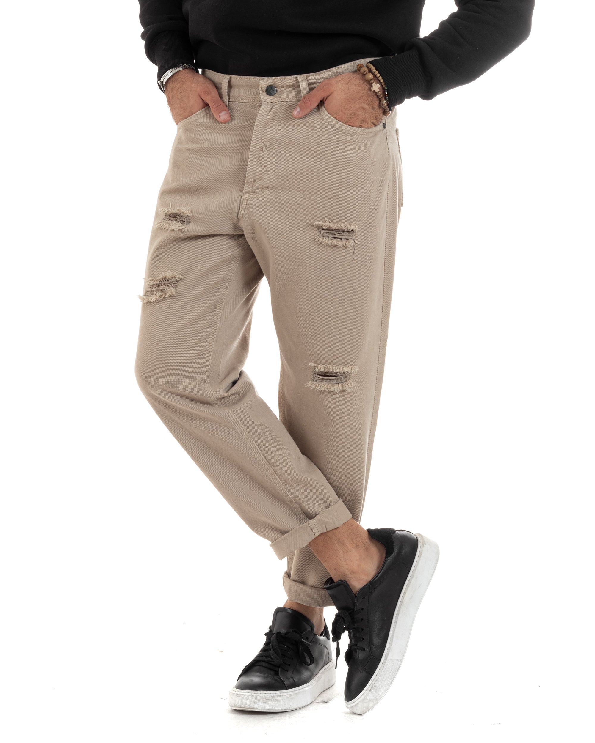 Pantaloni Jeans Uomo Loose Fit Con Rotture Cinque Tasche Casual Tinta Unita Beige GIOSAL-P6201A