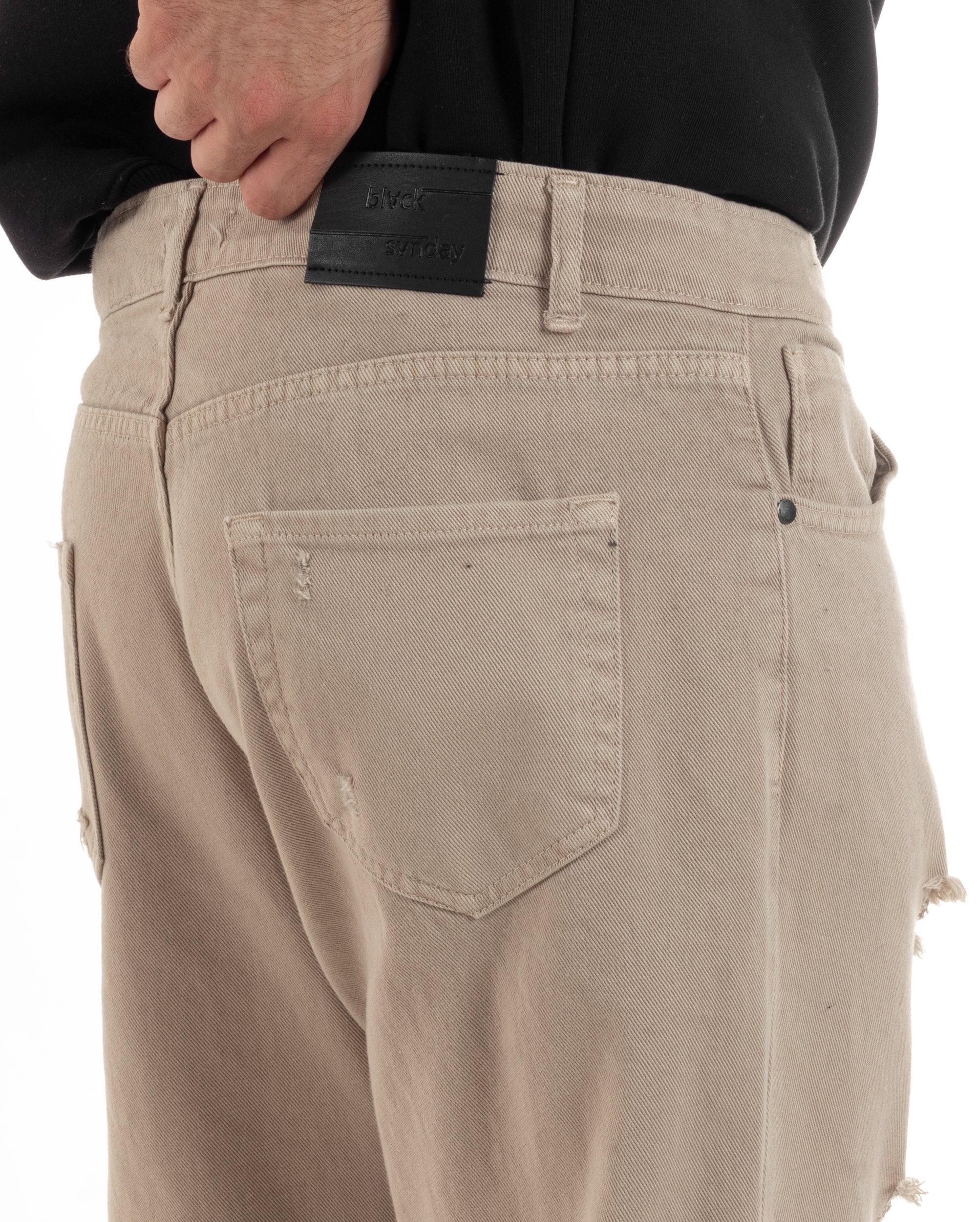 Pantaloni Jeans Uomo Loose Fit Con Rotture Cinque Tasche Casual Tinta Unita Beige GIOSAL-P6201A