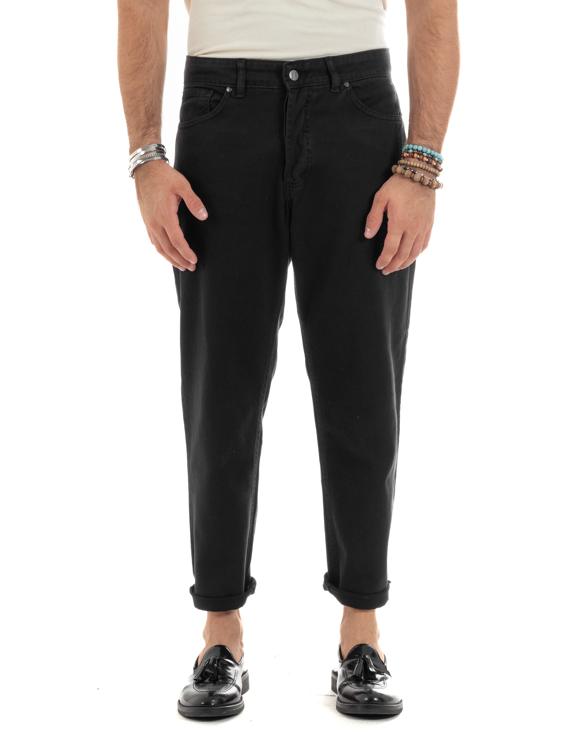 Pantaloni Jeans Uomo Loose Fit Nero Basic Cinque Tasche Casual Tinta Unita Lungo GIOSAL-P6202A