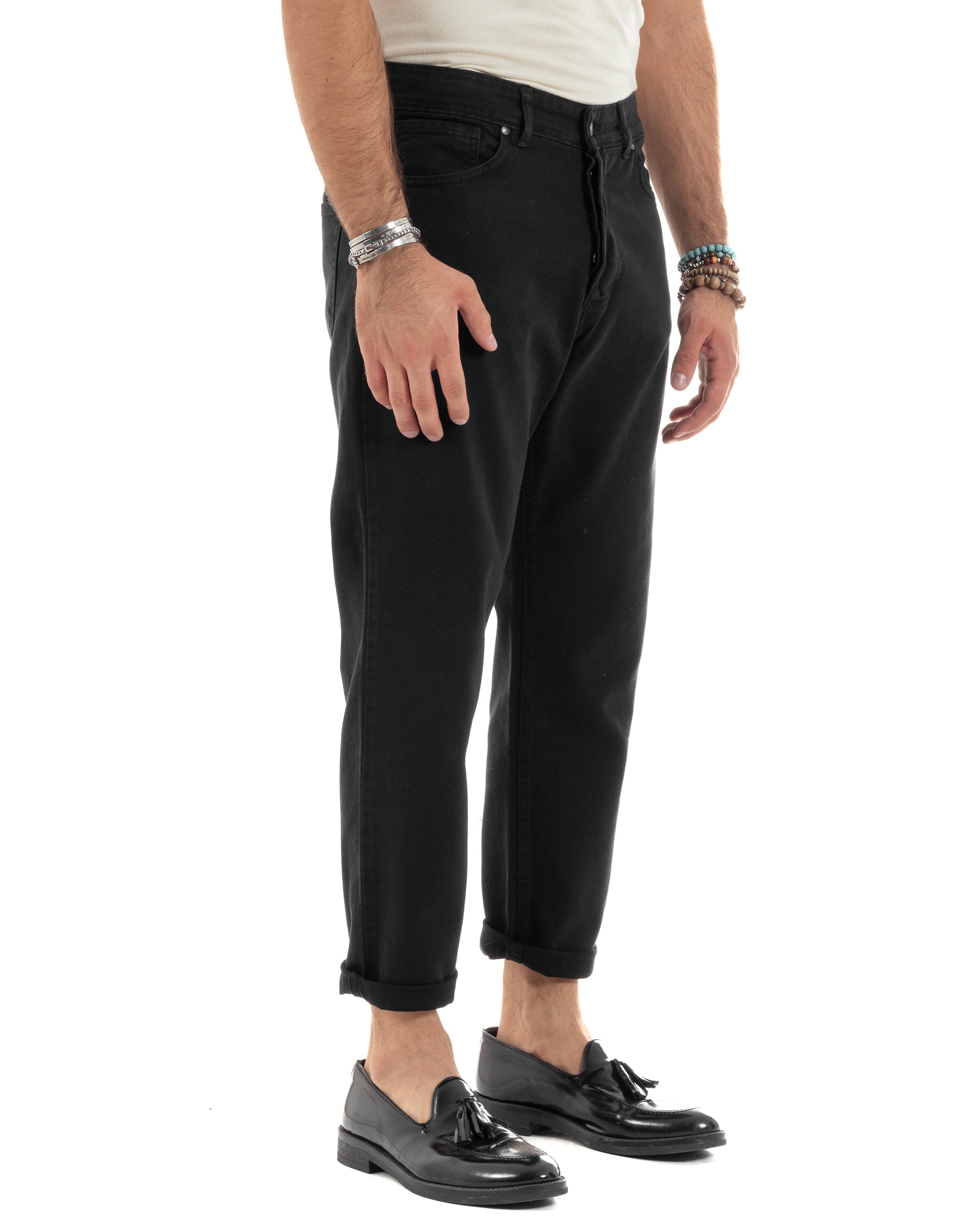 Pantaloni Jeans Uomo Loose Fit Nero Basic Cinque Tasche Casual Tinta Unita Lungo GIOSAL-P6202A