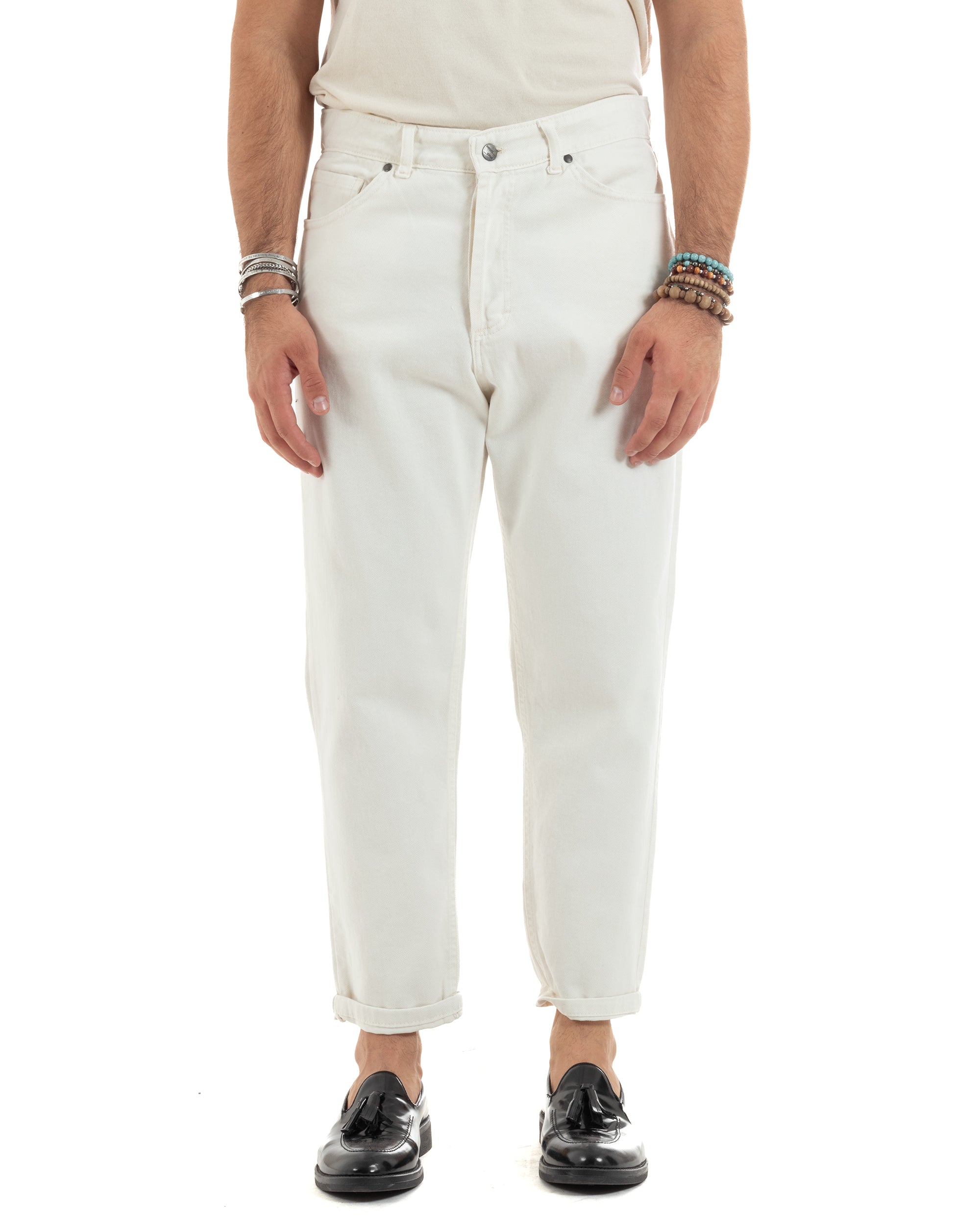 Pantaloni Jeans Uomo Loose Fit Bianco Basic Cinque Tasche Casual Tinta Unita Lungo GIOSAL-P6203A