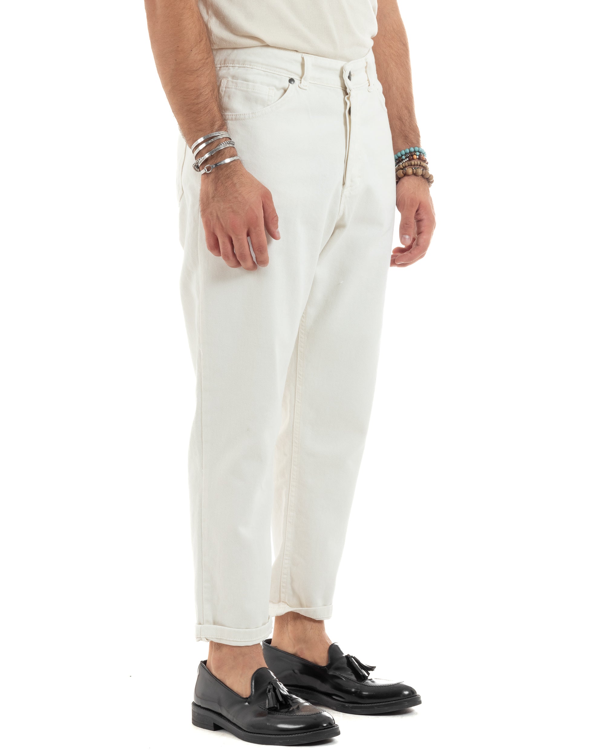 Pantaloni Jeans Uomo Loose Fit Bianco Basic Cinque Tasche Casual Tinta Unita Lungo GIOSAL-P6203A