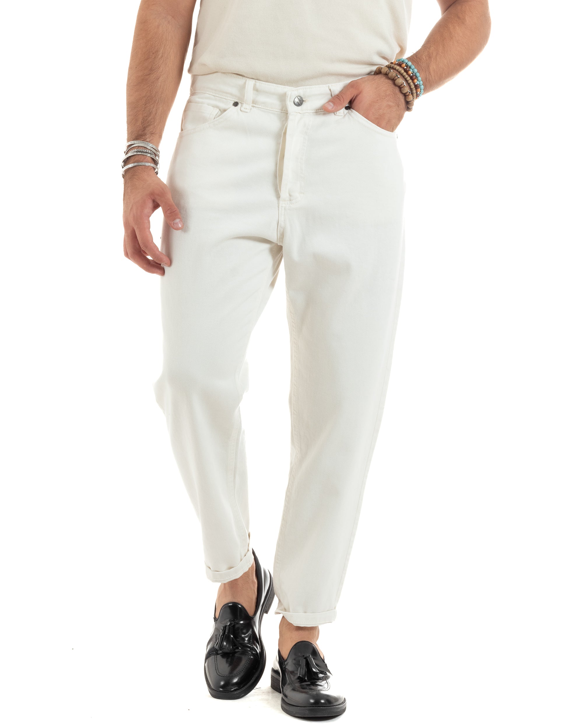 Pantaloni Jeans Uomo Loose Fit Bianco Basic Cinque Tasche Casual Tinta Unita Lungo GIOSAL-P6203A