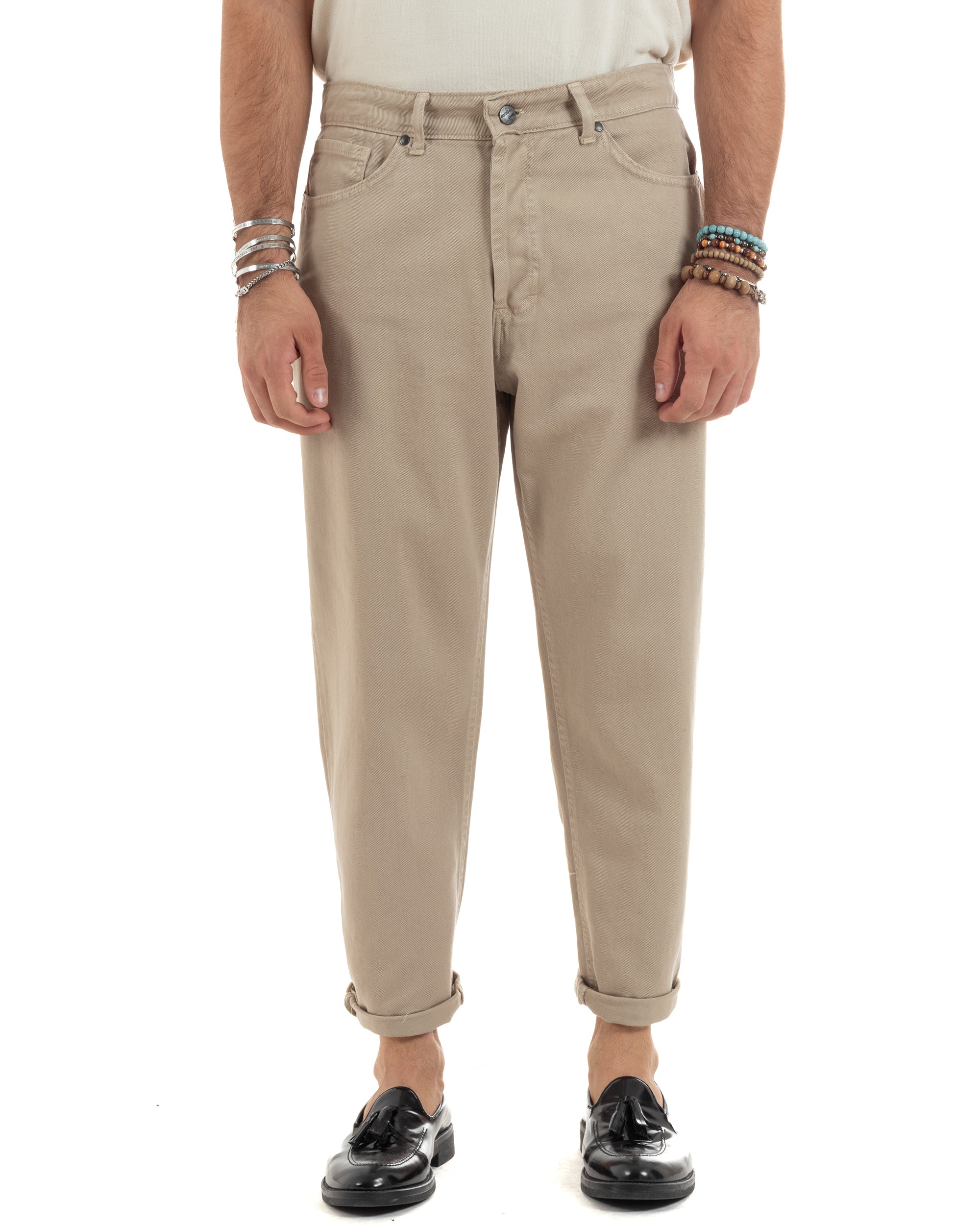 Pantaloni Jeans Uomo Loose Fit Beige Basic Cinque Tasche Casual Tinta Unita Lungo GIOSAL-P6204A