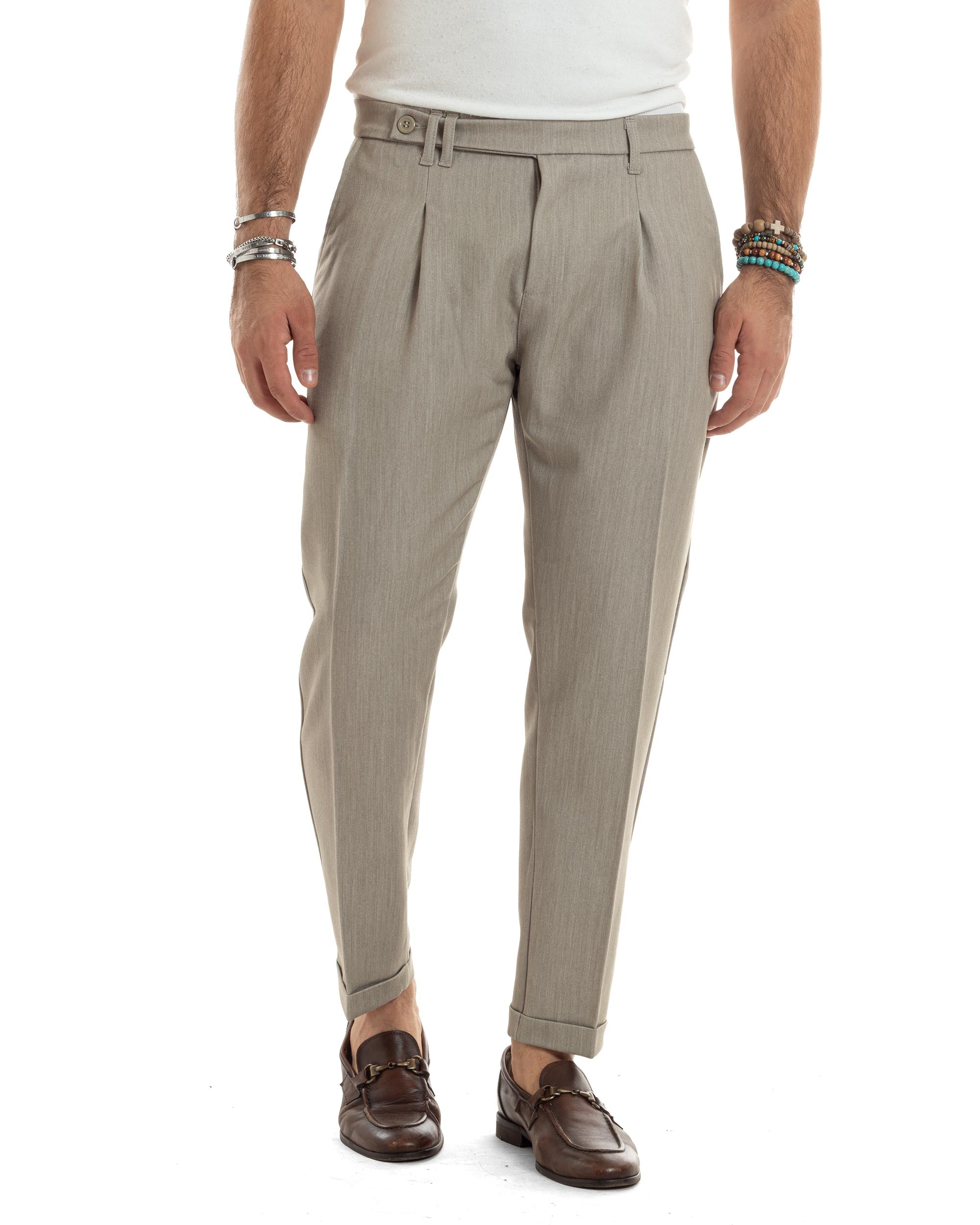 Pantaloni Uomo Classico Con Pinces Sartoriale Elegante Casual Abbottonatura Allungata Beige Melangiato GIOSAL-P6205A