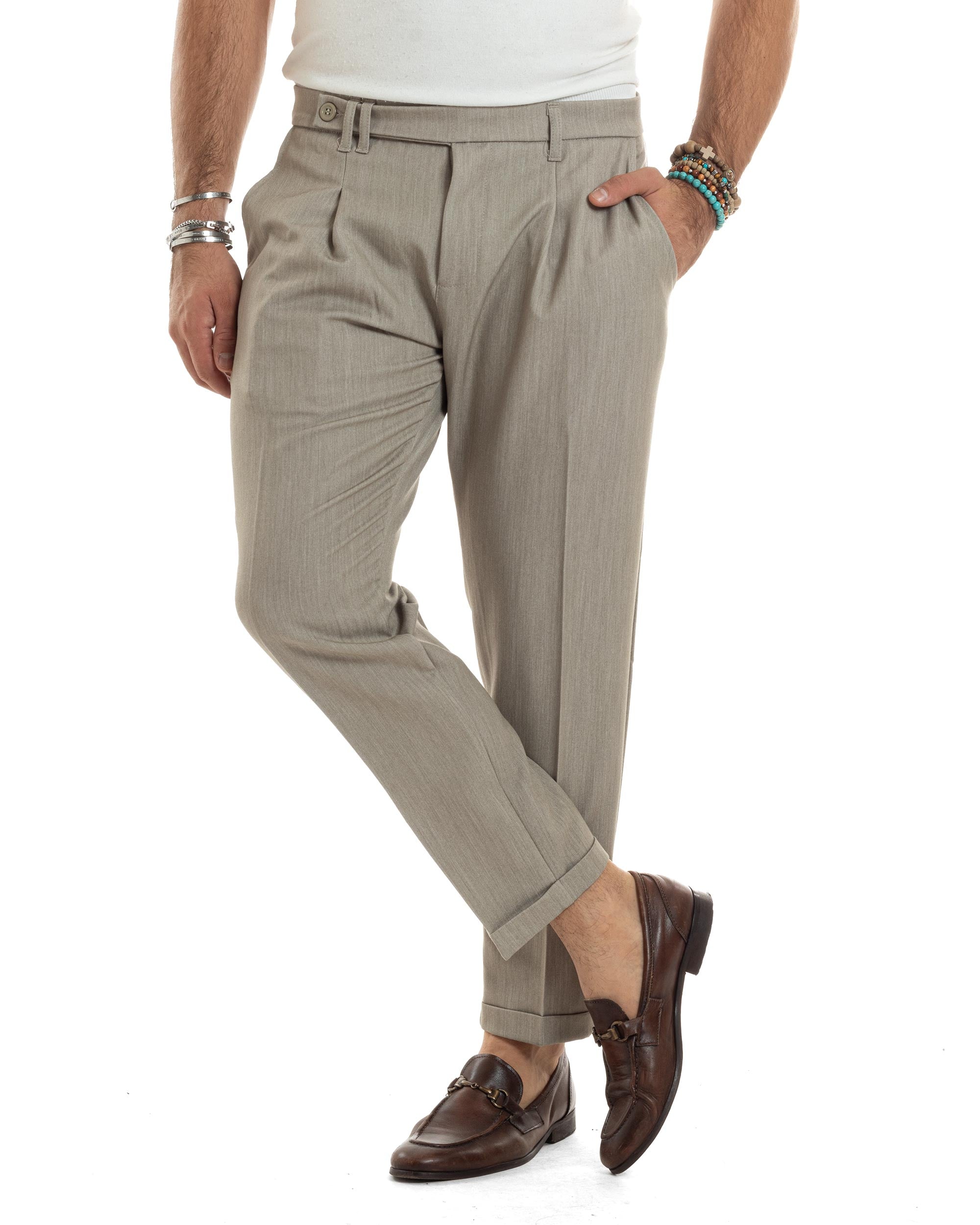 Pantaloni Uomo Classico Con Pinces Sartoriale Elegante Casual Abbottonatura Allungata Beige Melangiato GIOSAL-P6205A