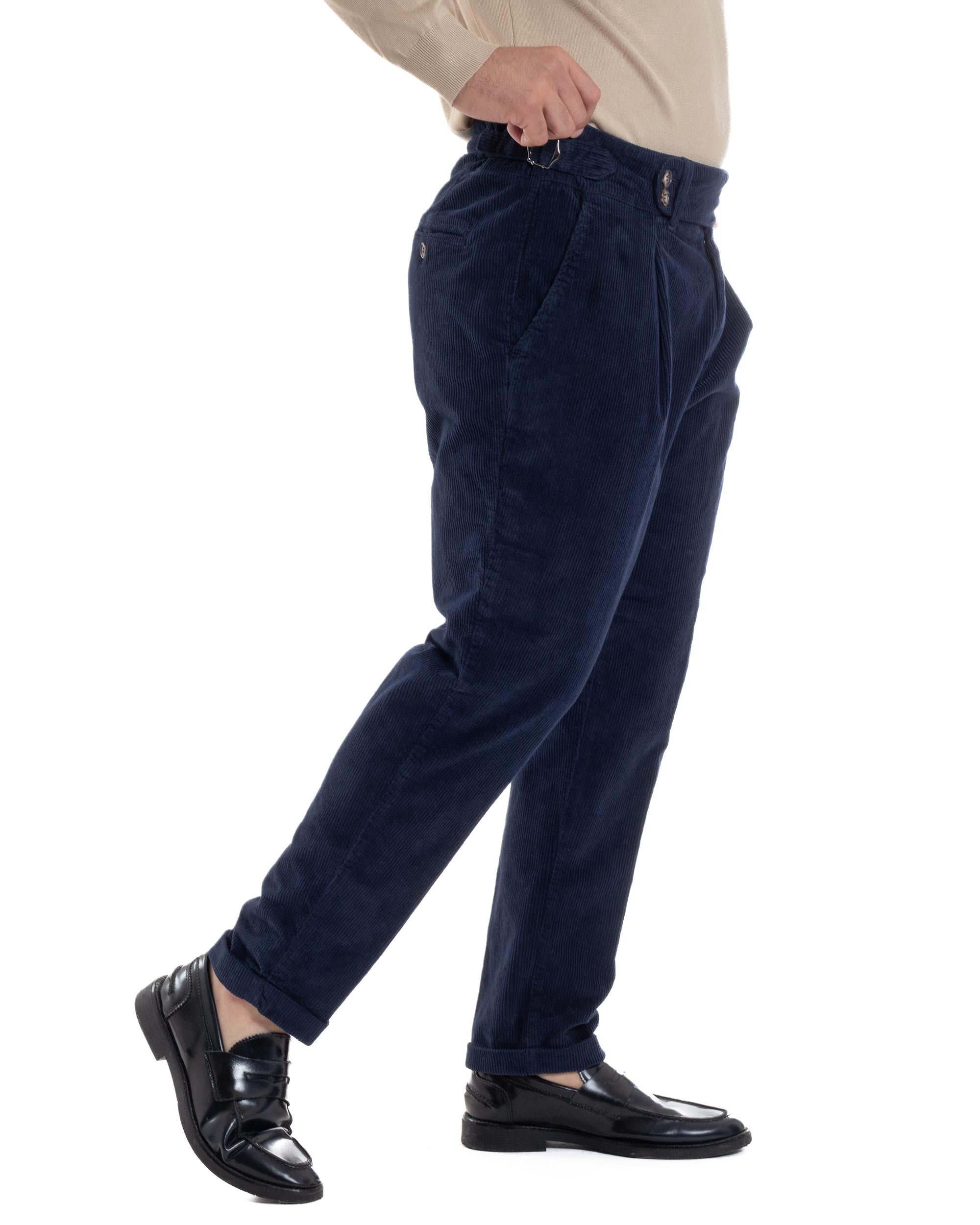 Pantaloni Blu Uomo Velluto Tasca America Pantaloni Uomo Classico Con Pinces Vita Alta Gurkha Pants Abbottonatura Allungata Fibbie Casual GIOSAL-P6207A