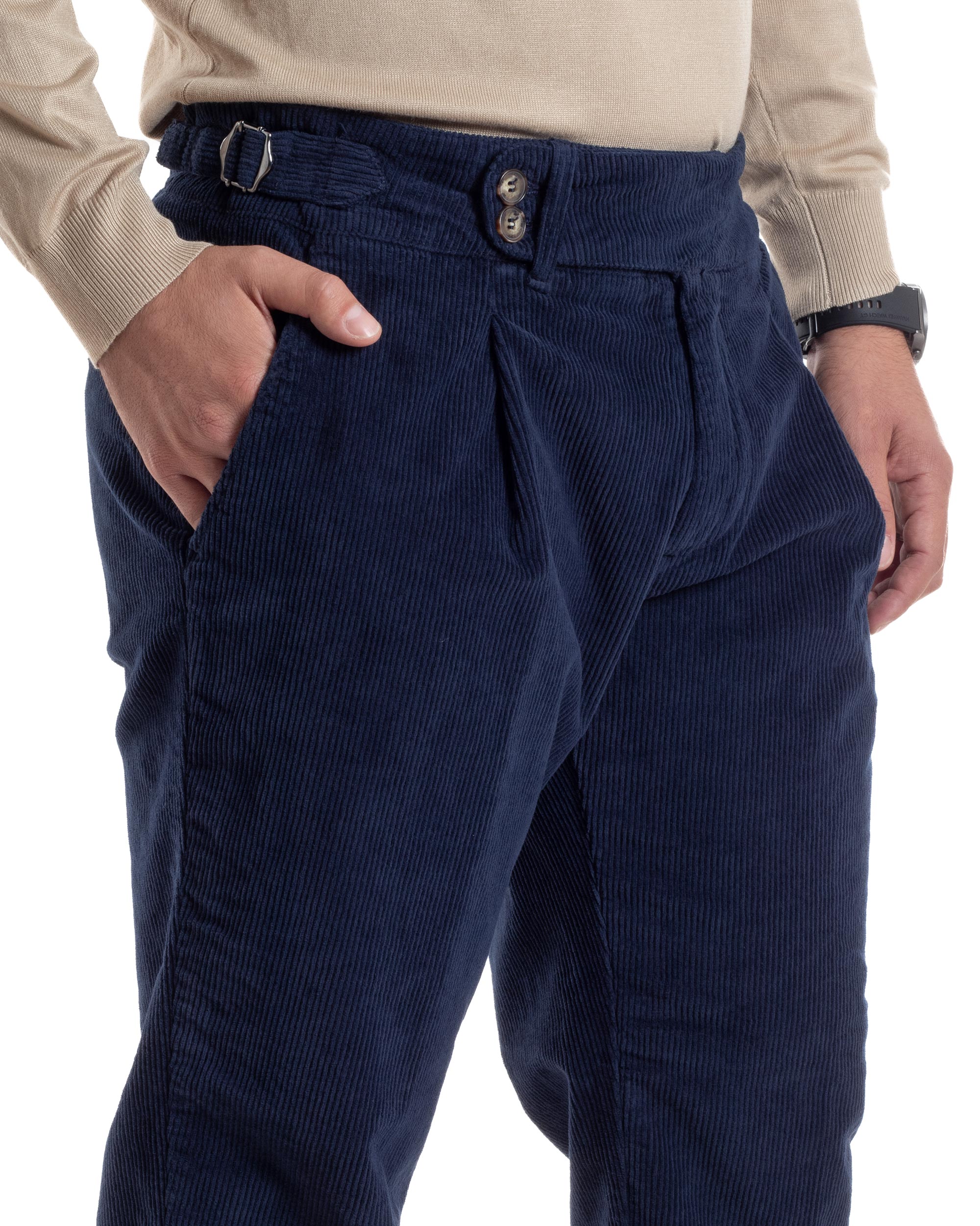 Pantaloni Blu Uomo Velluto Tasca America Pantaloni Uomo Classico Con Pinces Vita Alta Gurkha Pants Abbottonatura Allungata Fibbie Casual GIOSAL-P6207A