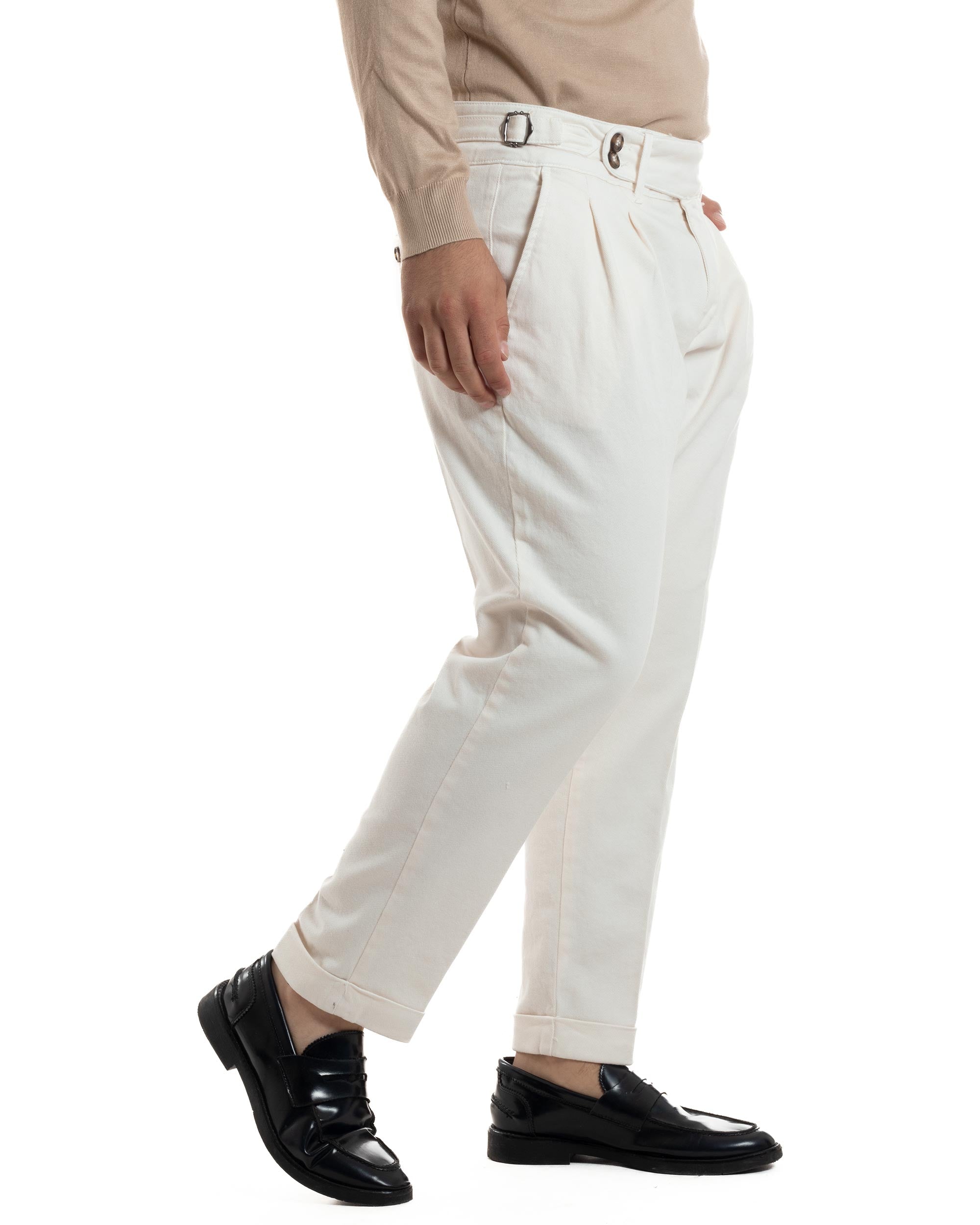 Pantaloni Bianco Uomo Tasca America Pantaloni Uomo Classico Con Pinces Vita Alta Gurkha Pants Abbottonatura Allungata Fibbie Casual GIOSAL-P6211A