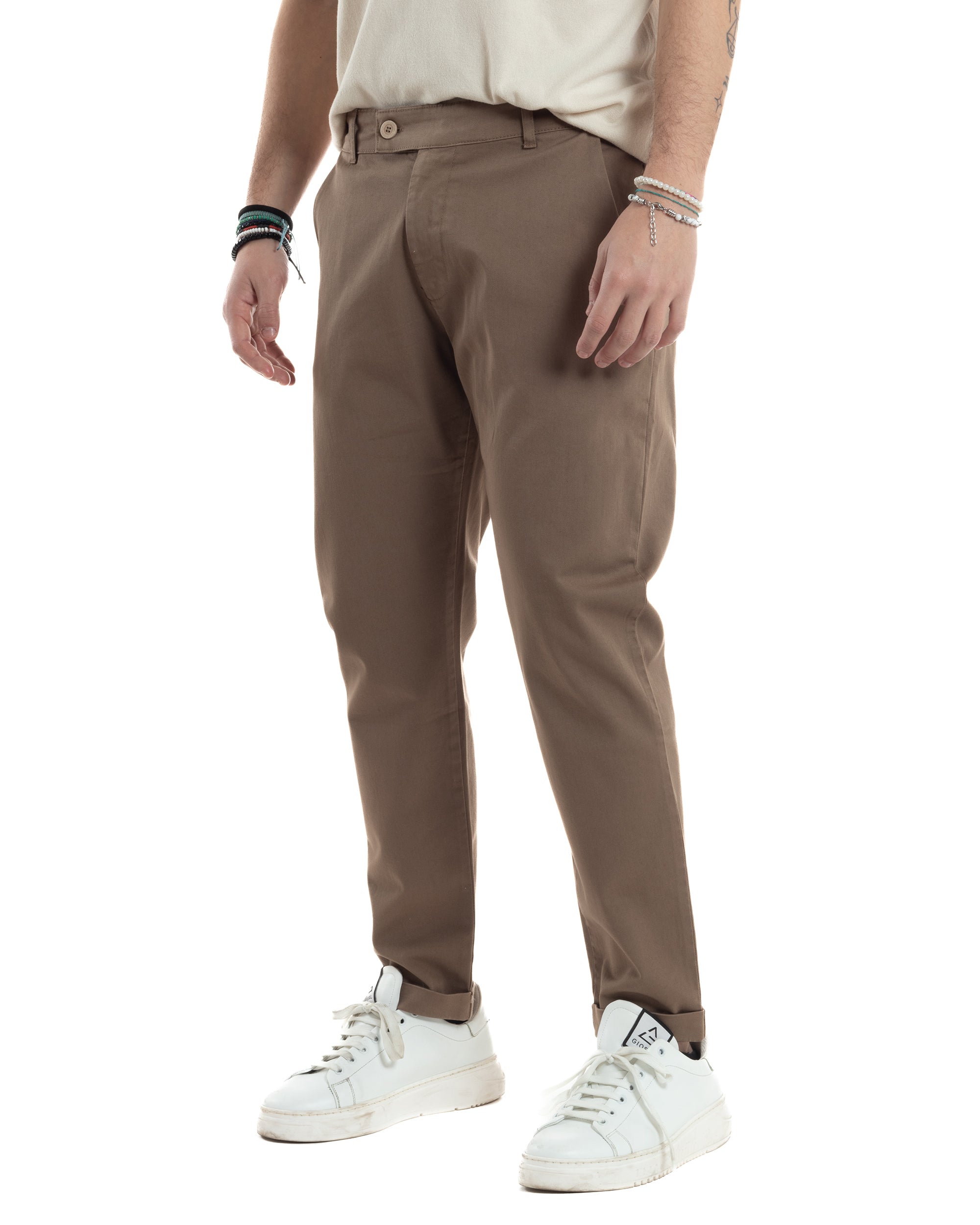 Pantaloni Uomo Tasca America Classico Abbottonatura Allungata Casual Basic Tinta Unita Tortora GIOSAL-P6213A