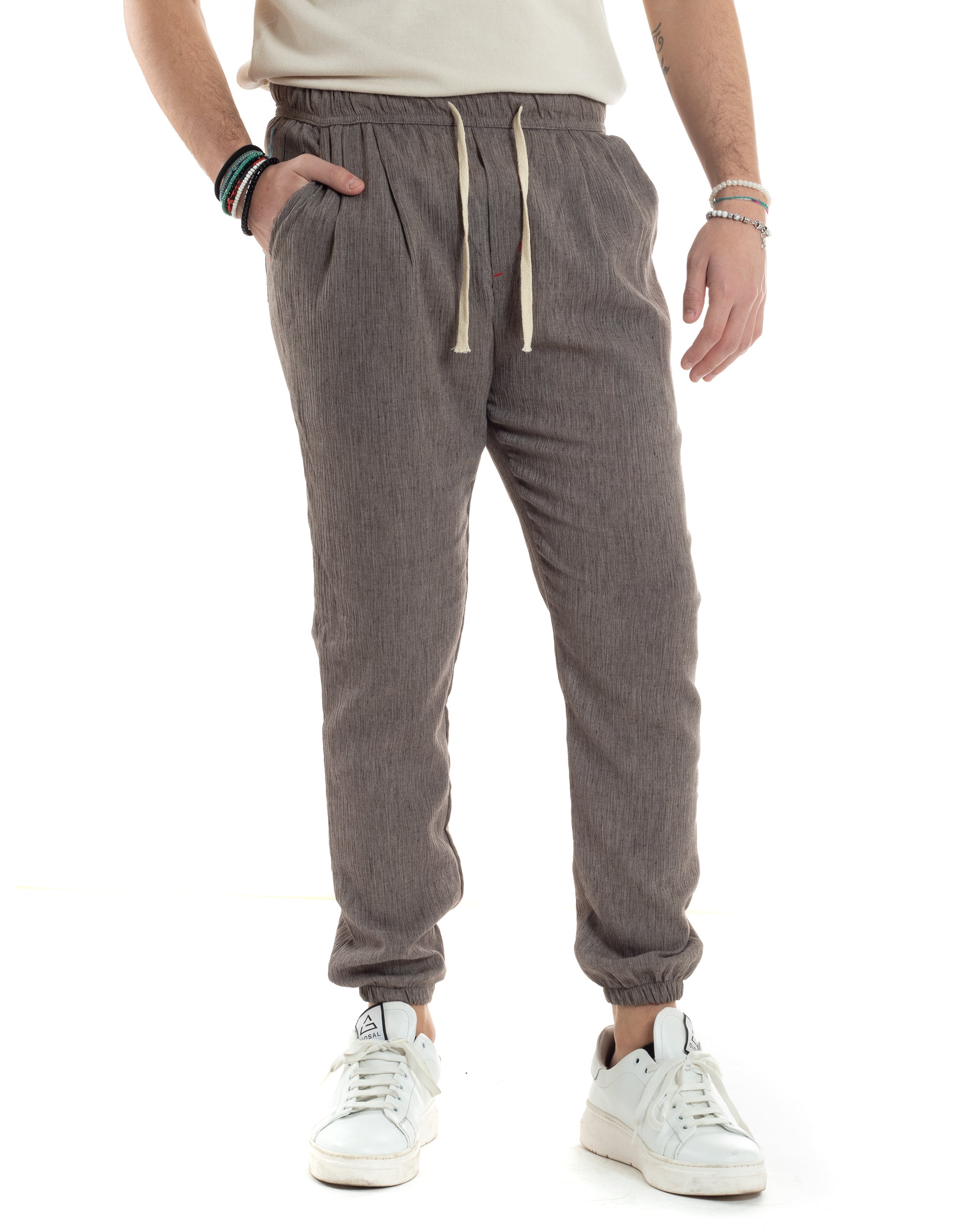 Pantalaccio Uomo Pantaloni Con Elastico Regular Fit Coulisse Casual Tinta Unita Tortora Melangiato GIOSAL-P6215A