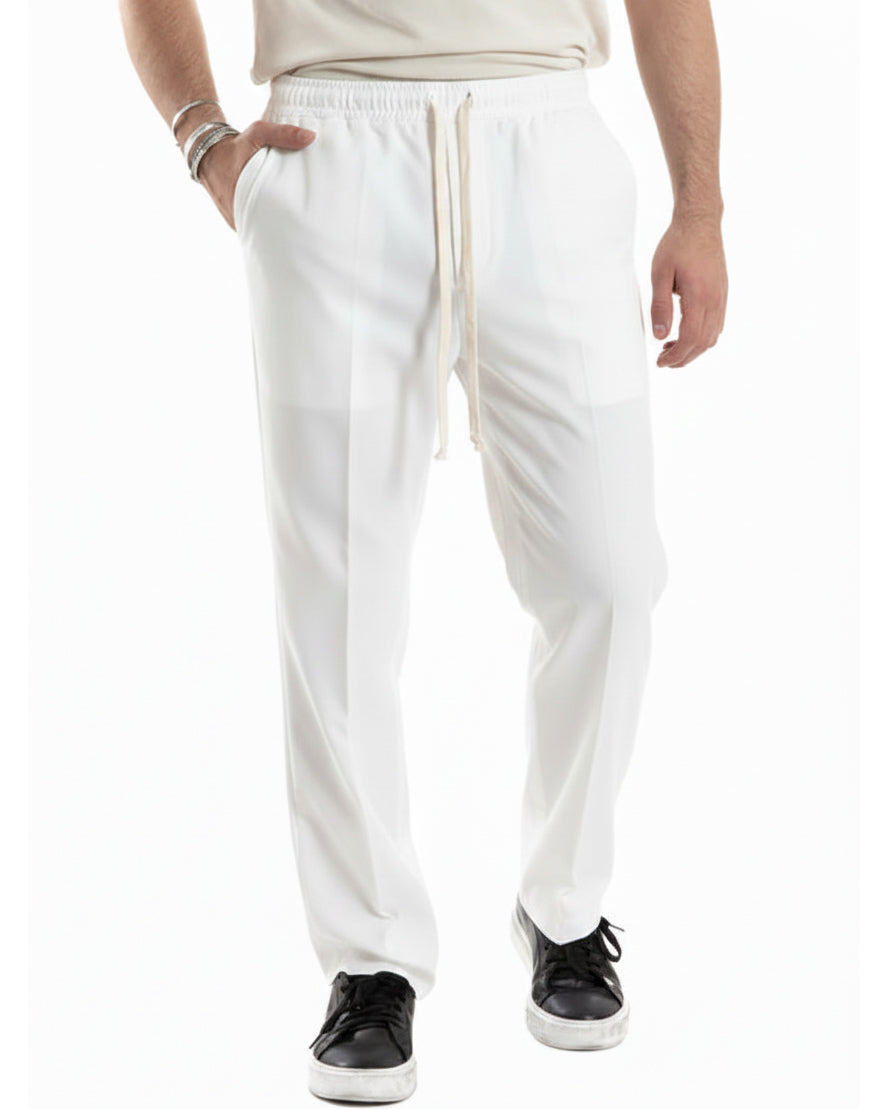 Pantaloni Uomo Pantalaccio Morbido Viscosa Baggy Fondo Largo Bianco P6223A