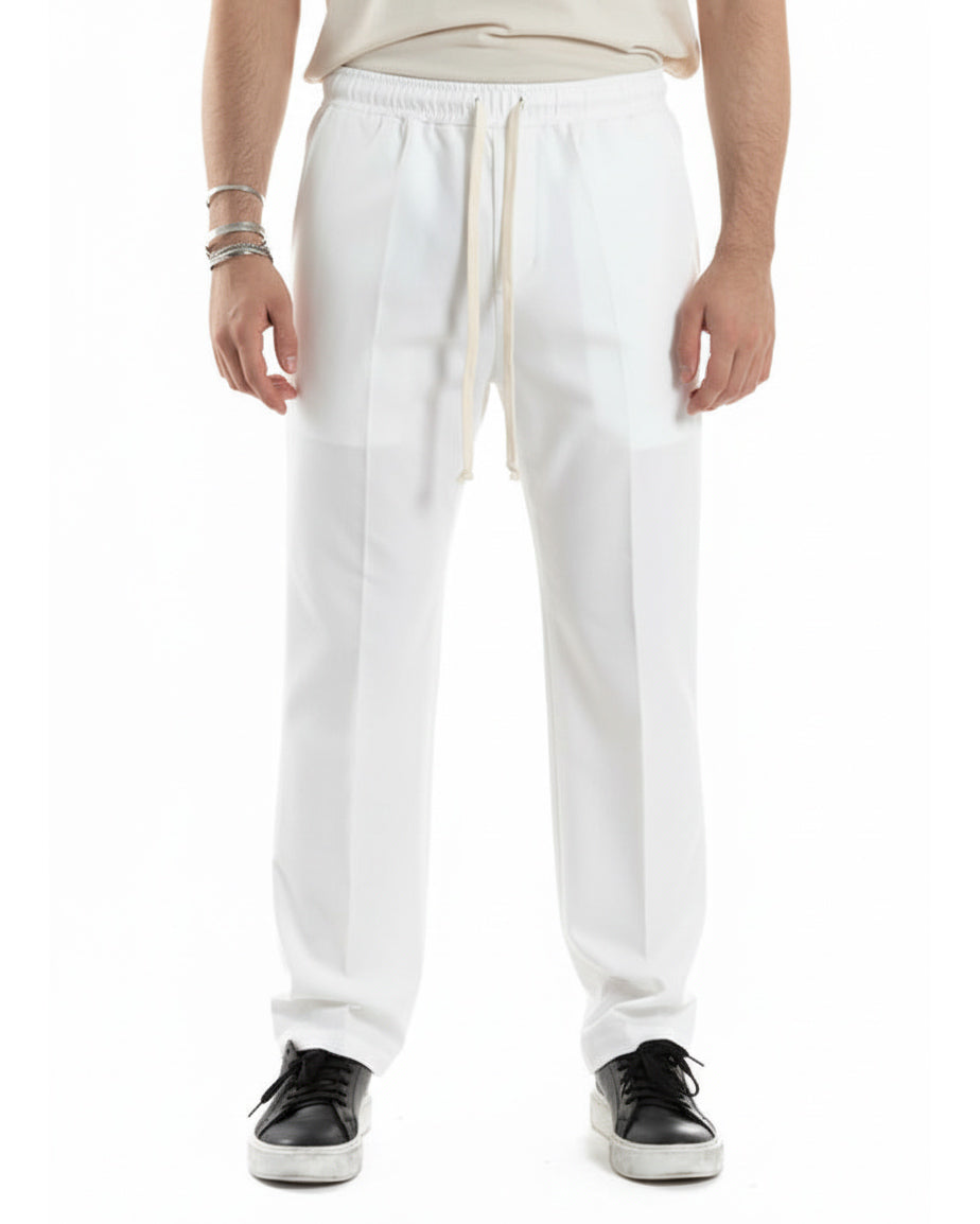 Pantaloni Uomo Pantalaccio Morbido Viscosa Baggy Fondo Largo Bianco P6223A