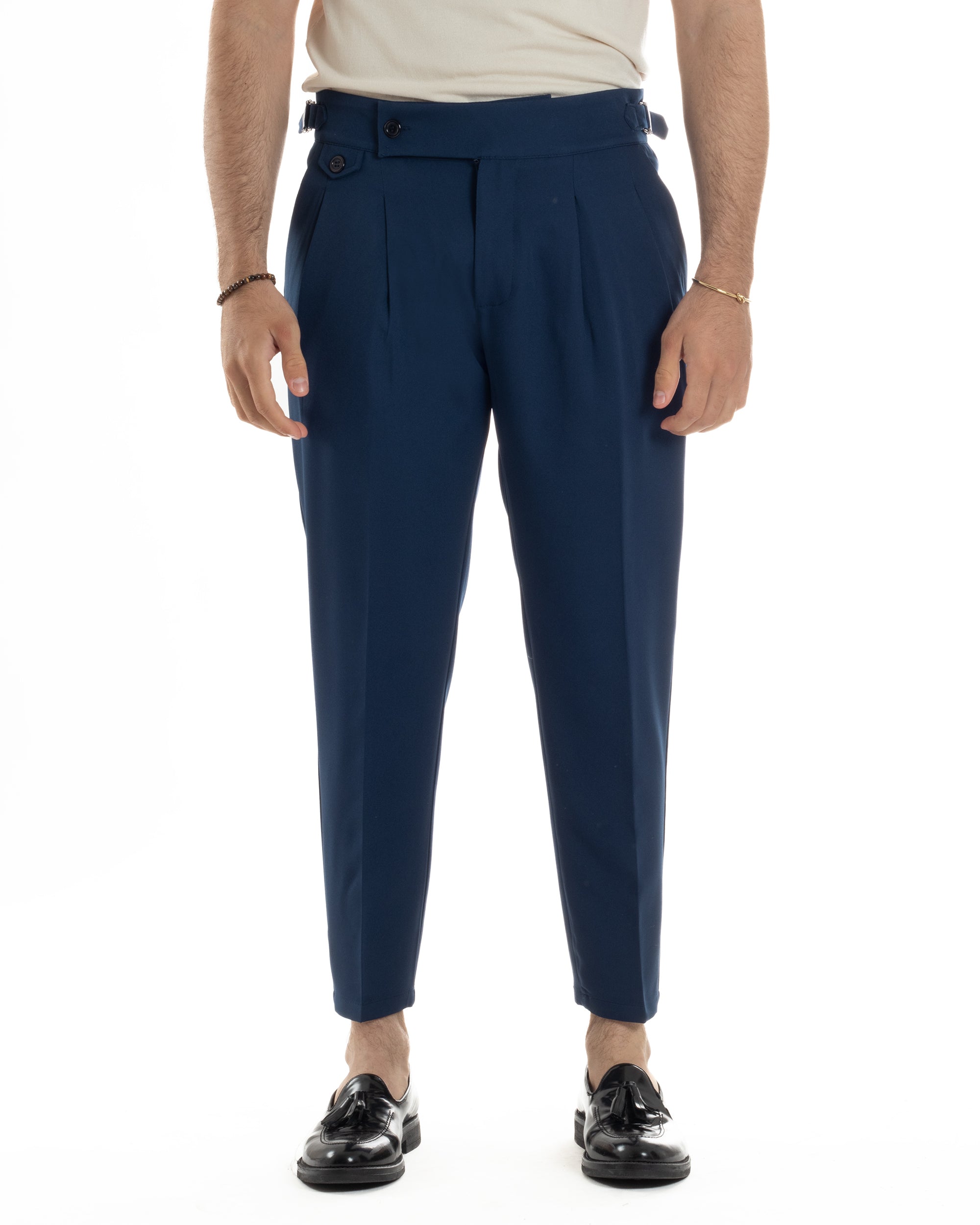 Pantaloni Uomo Classico Con Pinces Vita Alta Gurkha Pants Abbottonatura Allungata Fibbie Viscosa Estivo Casual Blu GIOSAL-P6272A