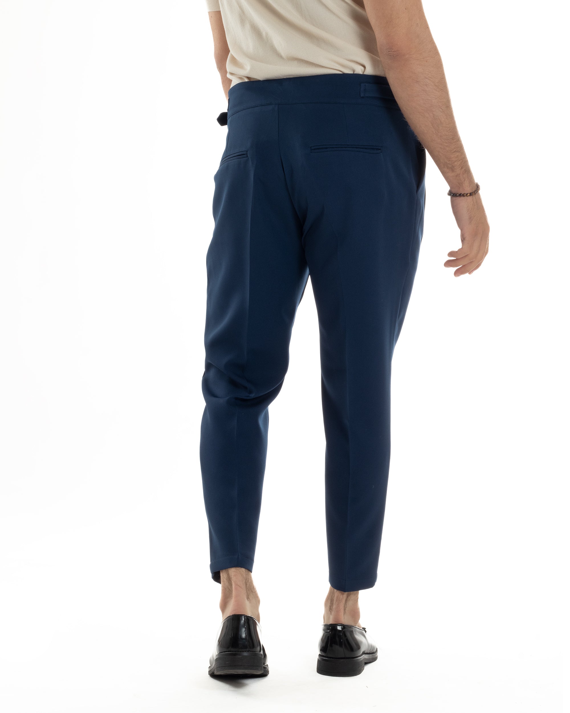 Pantaloni Uomo Classico Con Pinces Vita Alta Gurkha Pants Abbottonatura Allungata Fibbie Viscosa Estivo Casual Blu GIOSAL-P6272A