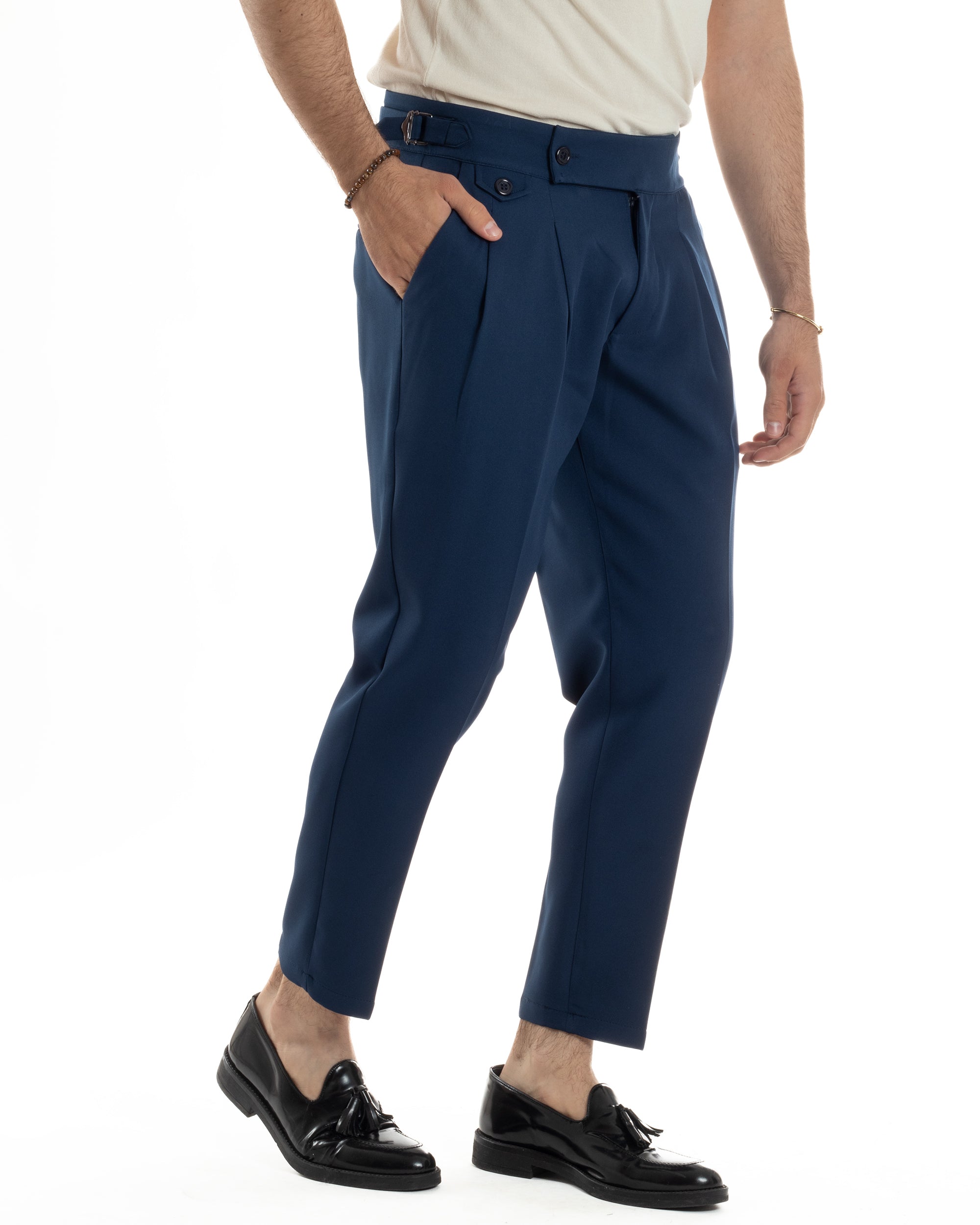 Pantaloni Uomo Classico Con Pinces Vita Alta Gurkha Pants Abbottonatura Allungata Fibbie Viscosa Estivo Casual Blu GIOSAL-P6272A