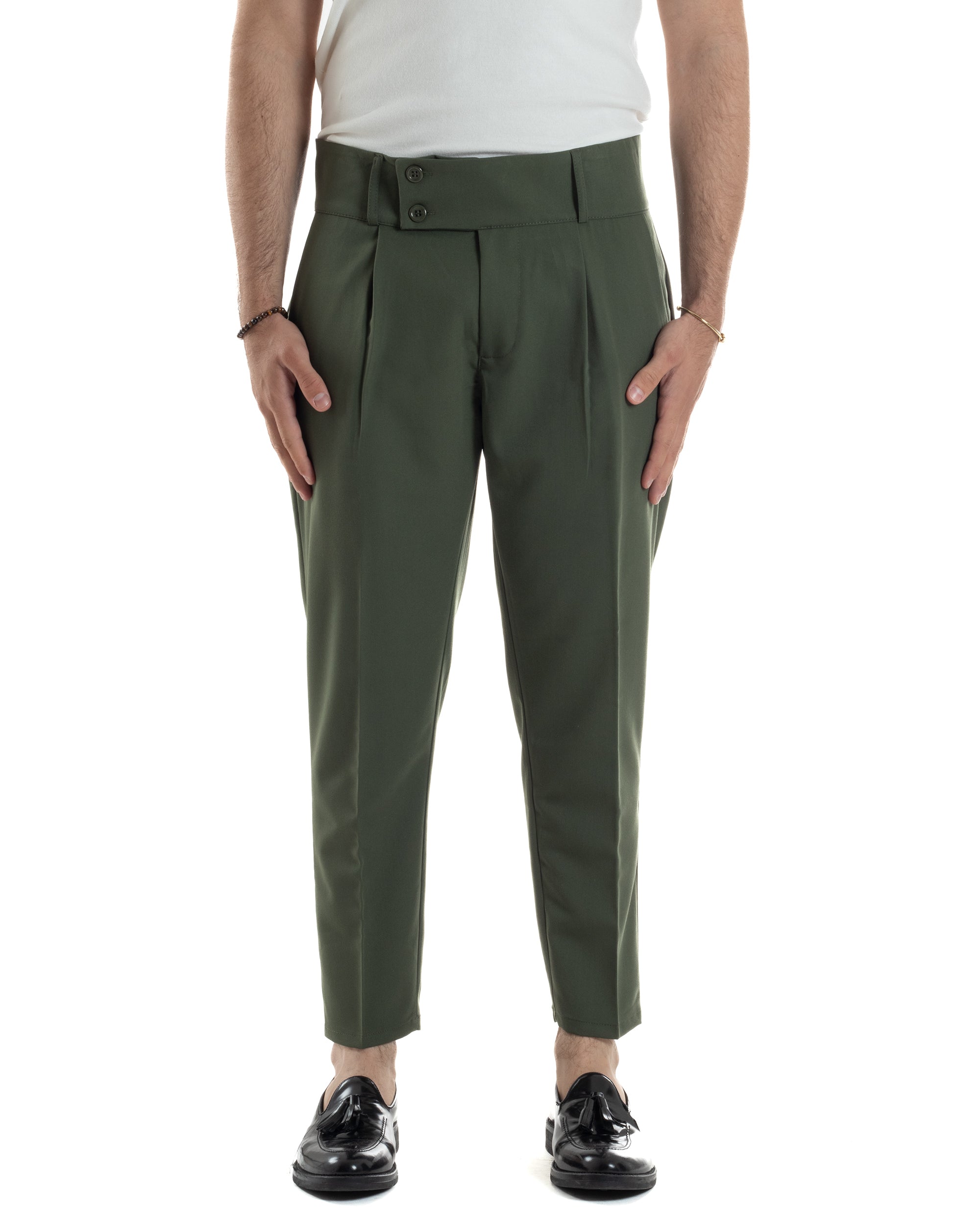 Pantaloni Uomo Vita Alta Con Pinces Classico Bustino Abbottonatura Allungata Casual Viscosa Estivo Verde GIOSAL-P6275A