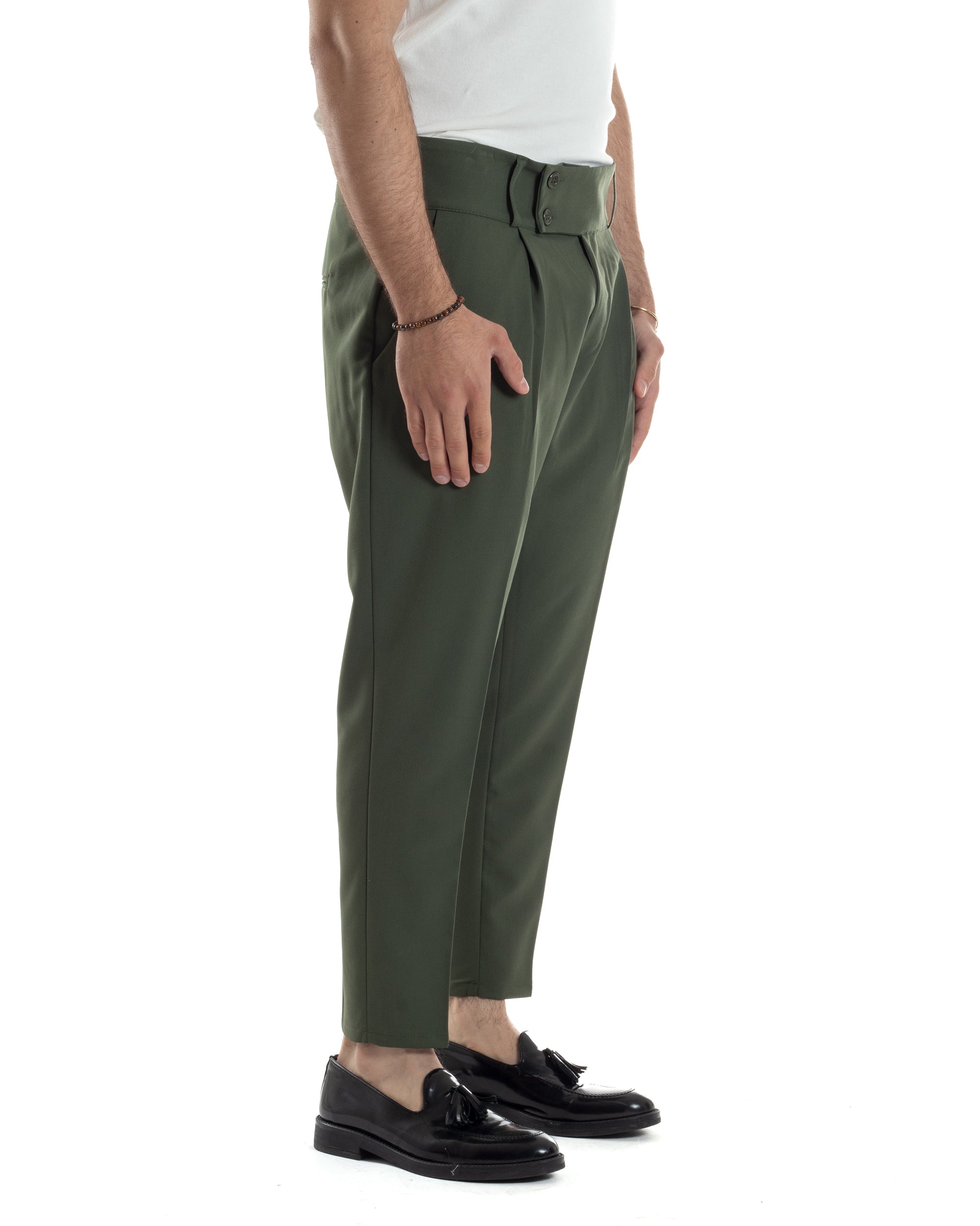 Pantaloni Uomo Vita Alta Con Pinces Classico Bustino Abbottonatura Allungata Casual Viscosa Estivo Verde GIOSAL-P6275A