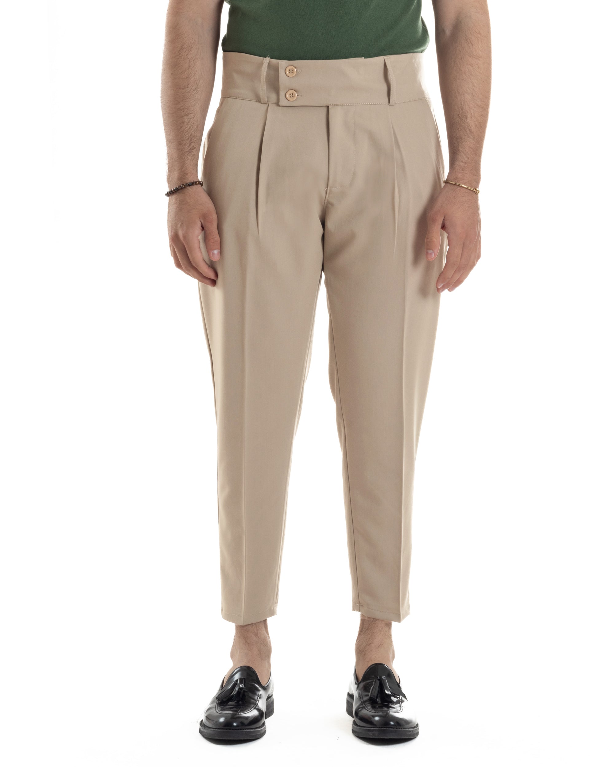 Pantaloni Uomo Vita Alta Con Pinces Classico Bustino Abbottonatura Allungata Casual Viscosa Estivo Beige GIOSAL-P6276A
