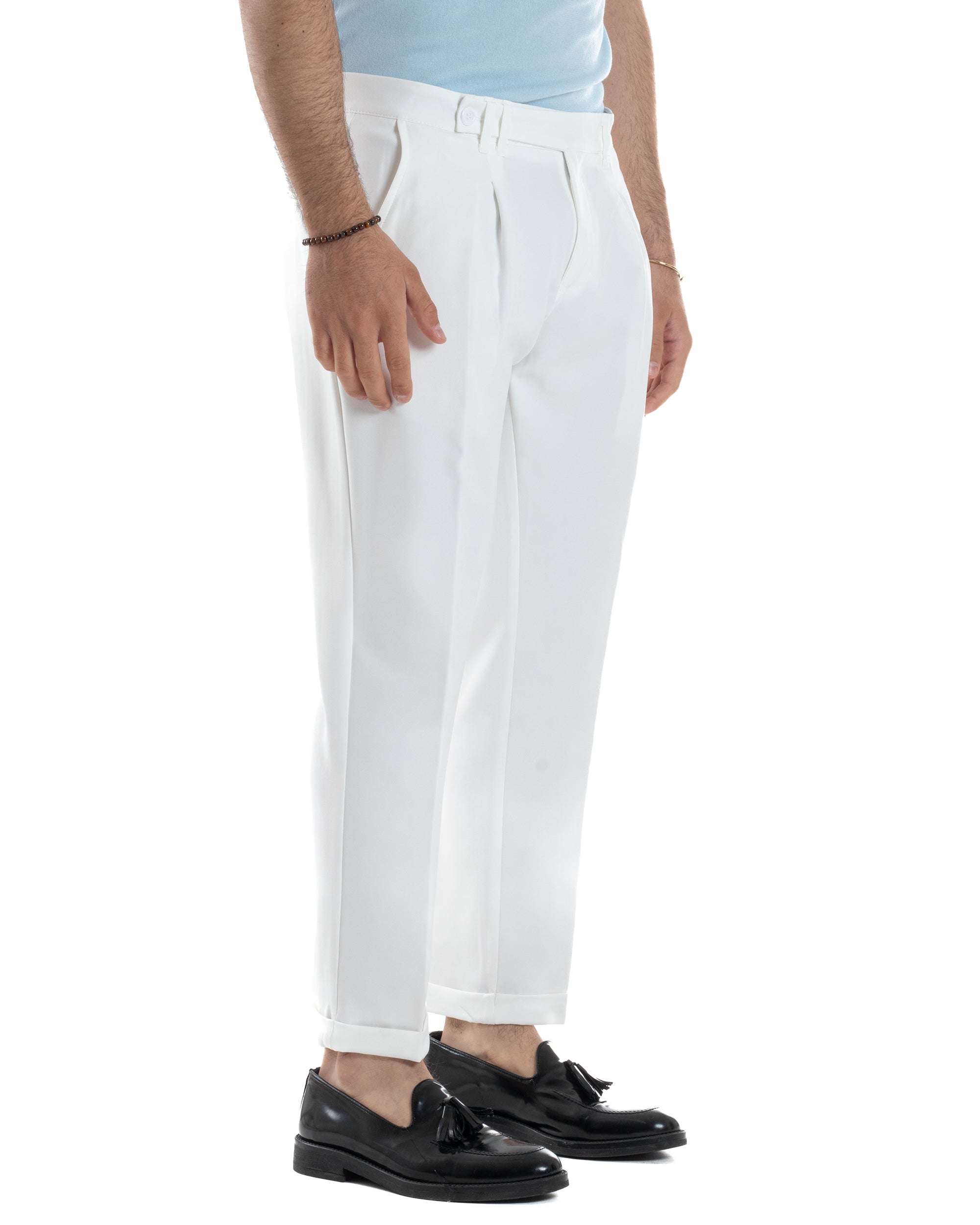 Pantaloni Uomo Classico Con Pinces Sartoriale Elegante Casual Abbottonatura Allungata Viscosa Estivo Bianco GIOSAL-P6280A