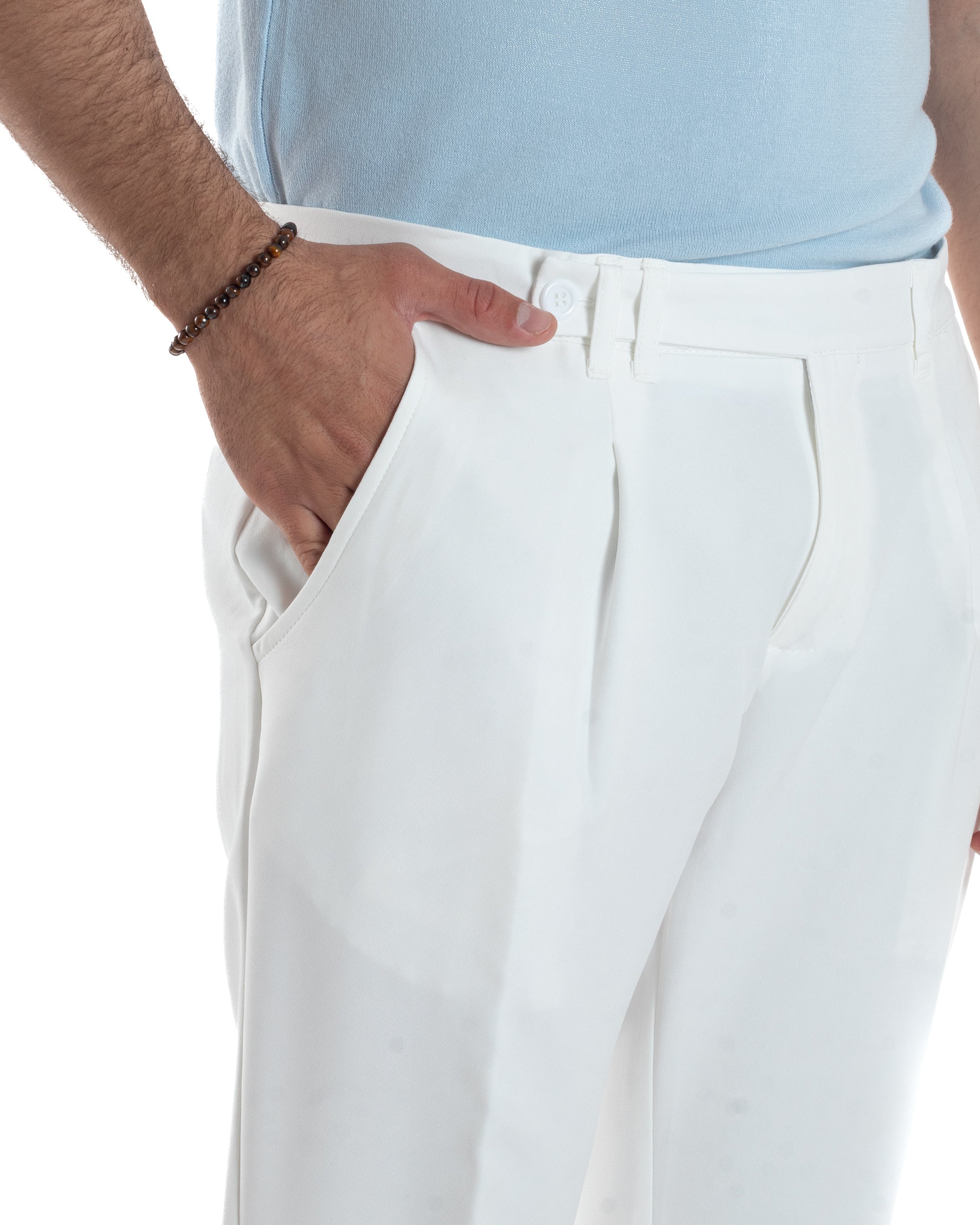 Pantaloni Uomo Classico Con Pinces Sartoriale Elegante Casual Abbottonatura Allungata Viscosa Estivo Bianco GIOSAL-P6280A